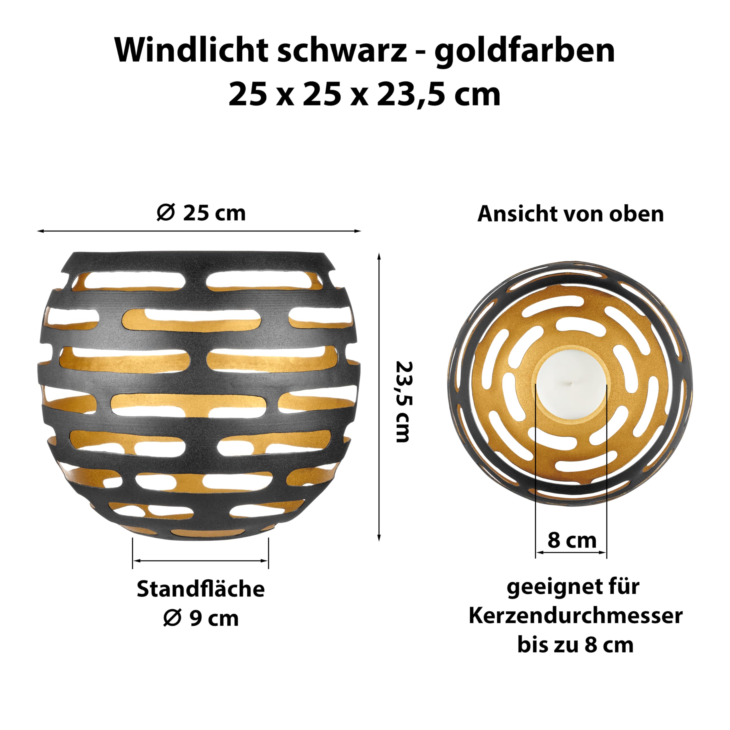 Windlicht Metall schwarz goldfarben - 25x25x23,5 cm - ideale Deko Wohnzimmer - Tischdekoration - Moderne Bad-, Büro- und Flur-Deko - Kerzenhalter