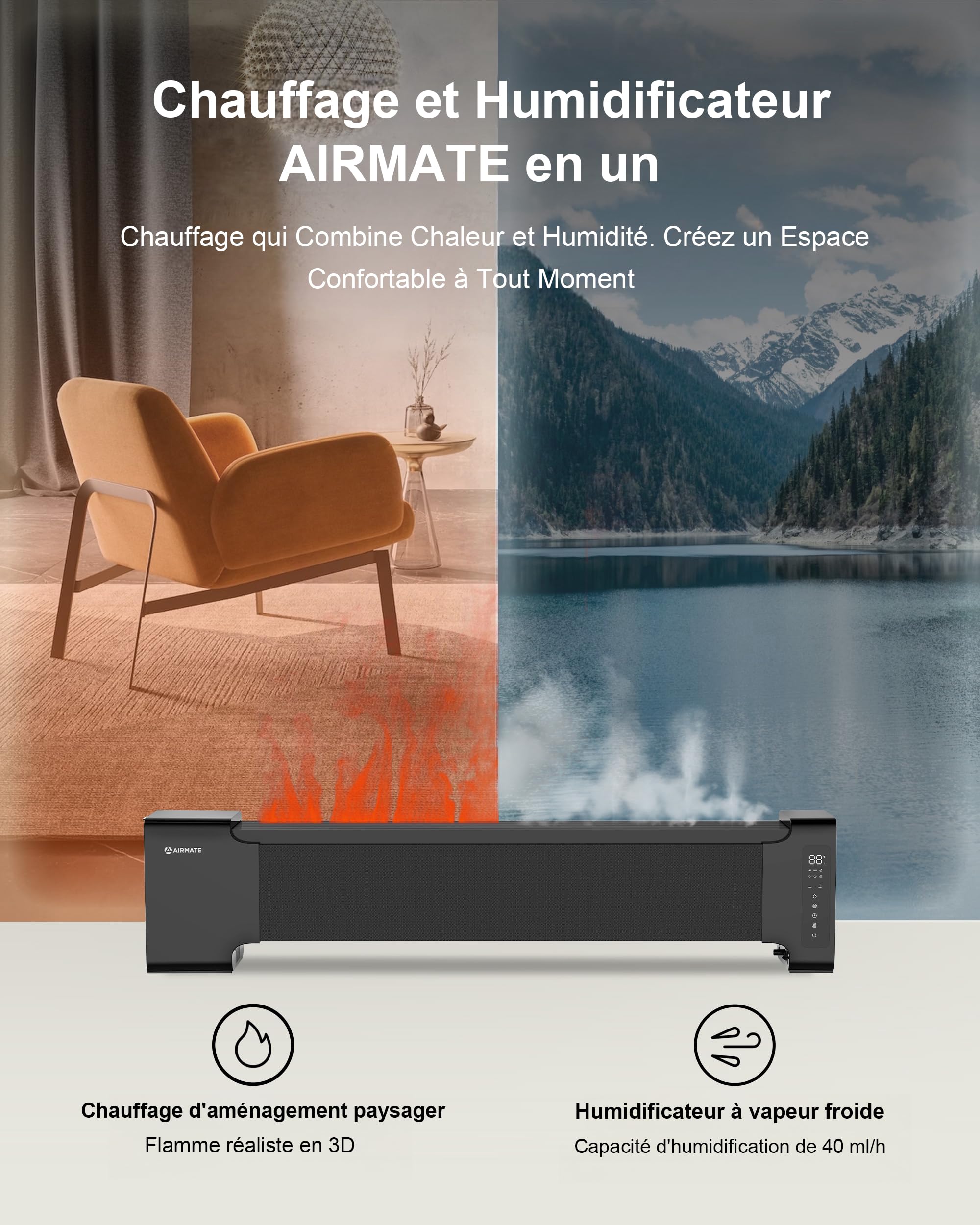 Airmate Grande Plinthe Cheminée Electrique 45" et Humidificateur 2 en 1 avec Télécommande, Chauffage Silencieux pour Grandes Pièces avec Flamme Réaliste, Commande Tactile LED 2000W