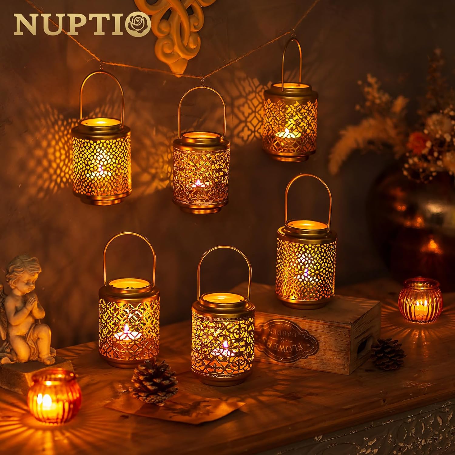NUPTIO Gold Lanterns for Wedding Centerpieces: 6 Pcs 4.1inch Hanging Metal Tealight Holders Bulk Decorative Mini Tea Lights Indoor Candle Lantern for Thanksgiving Diwali Ramadan Decor (Style 1)