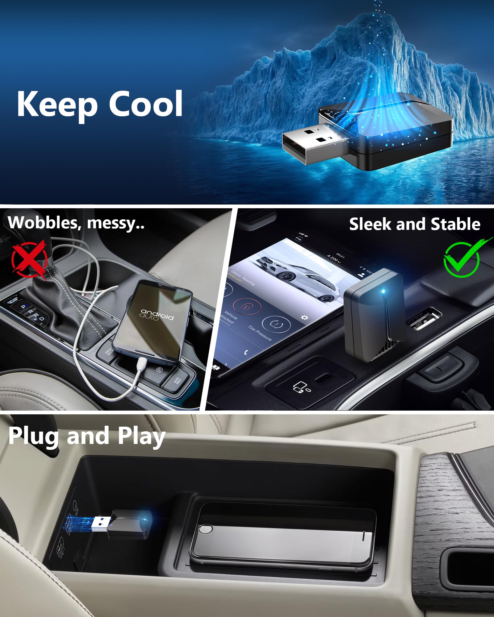 Bezprzewodowy adapter CarPlay – adapter samochodowy z systemem Android 2 w 1, bezprzewodowy 5,4 i Wi-Fi 6 GHz Plug & Play, mini rozmiar z przedłużaczem USB i USB C/typ C, stabilne połączenie