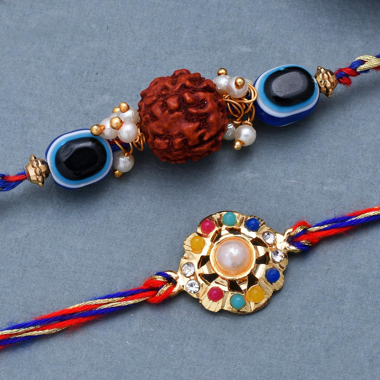 2 Colorful Stones & Rudraksha Evil Eye Rakhi
