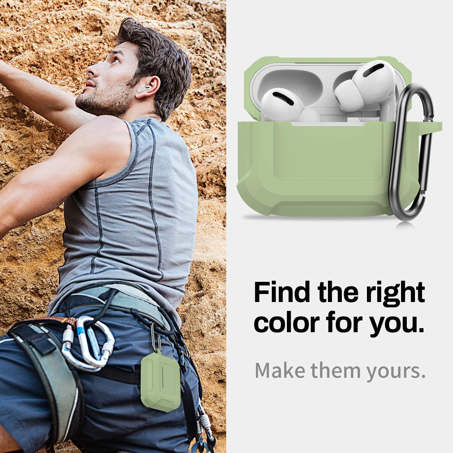 SATLITOG Silicone Rugged Case Designed for AirPods Pro Case, Full-Body Protective Silicone Cover with Carabiner for Apple AirPods Pro - Matcha