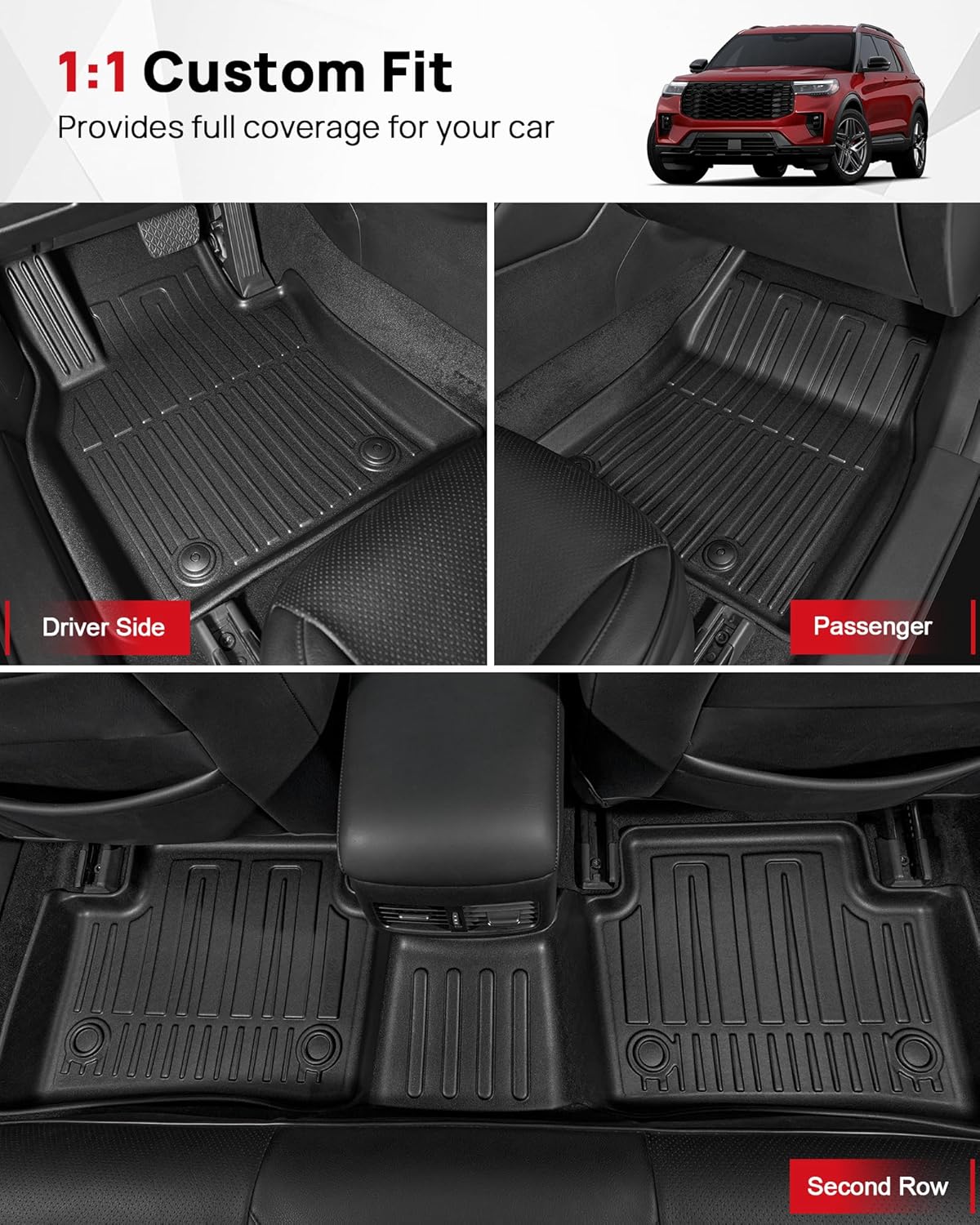 Floor Mats Compatible with 2020-2025 Ford Explorer 6 Seats - Custom Fit Full Set Car Accessories for Ford Explorer Includes XLT ST Platinum Active Hybrid (Floor Mats & Cargo & Backrest Mats) - Image 2