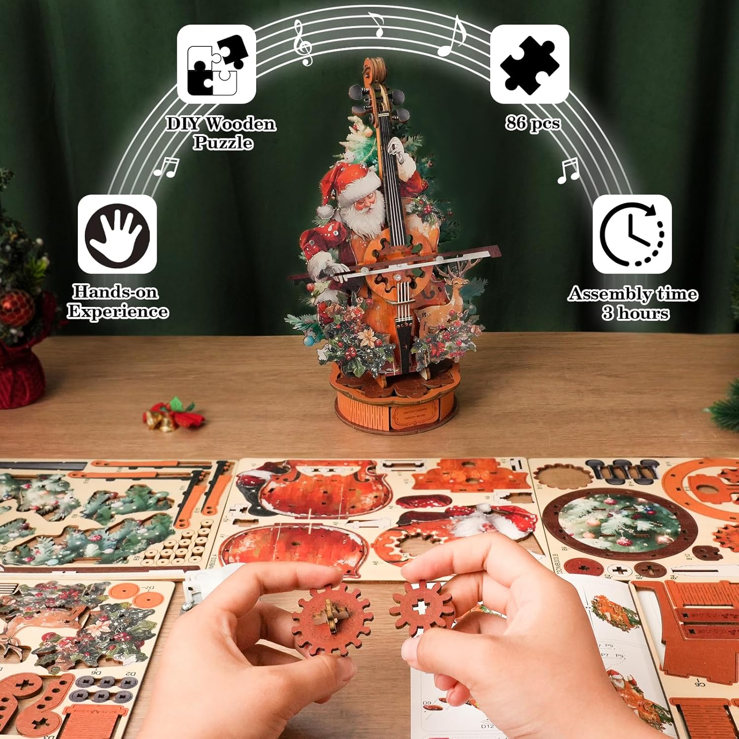 3D Wood Puzzles for Adults, Mechanical Music Box-Christmas Concerto Cello, DIY Rotating Model Building Kits for Teens, DIY Crafts/Desk Decor/Hobbies for Women Men, Creative Gift for Boys Girls