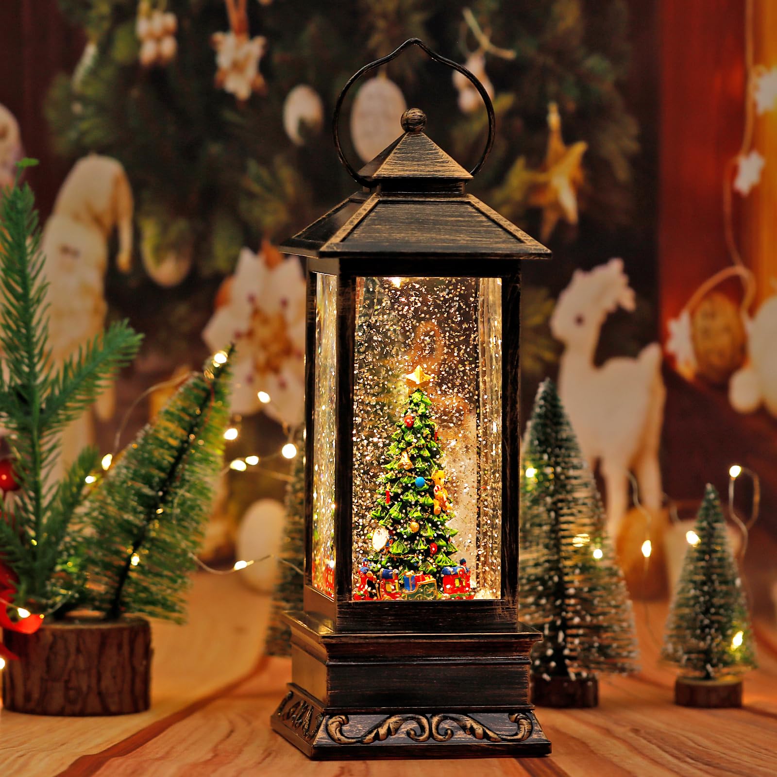 Christmas Snow Globe, Christmas Tree Scene Snow Globes,Glittering Lantern with Timer, Snow Globe Lantern USB or Battery Powered for Desktop Ornament, Christmas Decoration and Gifts