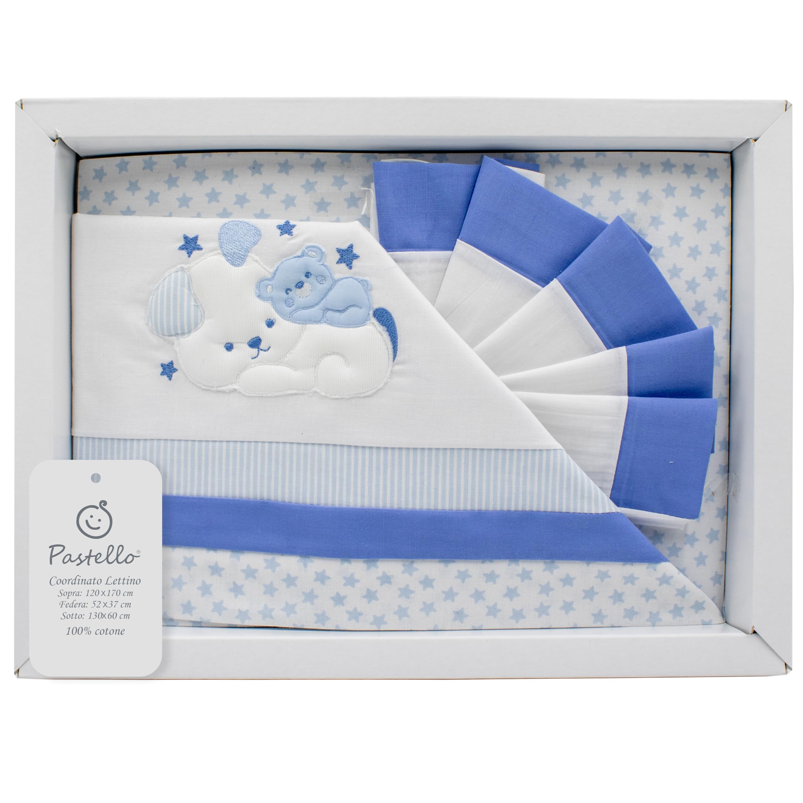 PASTELLO - Juego de cama de 3 piezas, 100% algodón para bebé, juego de sábanas con bordado (Art. LL7F, Cielo)