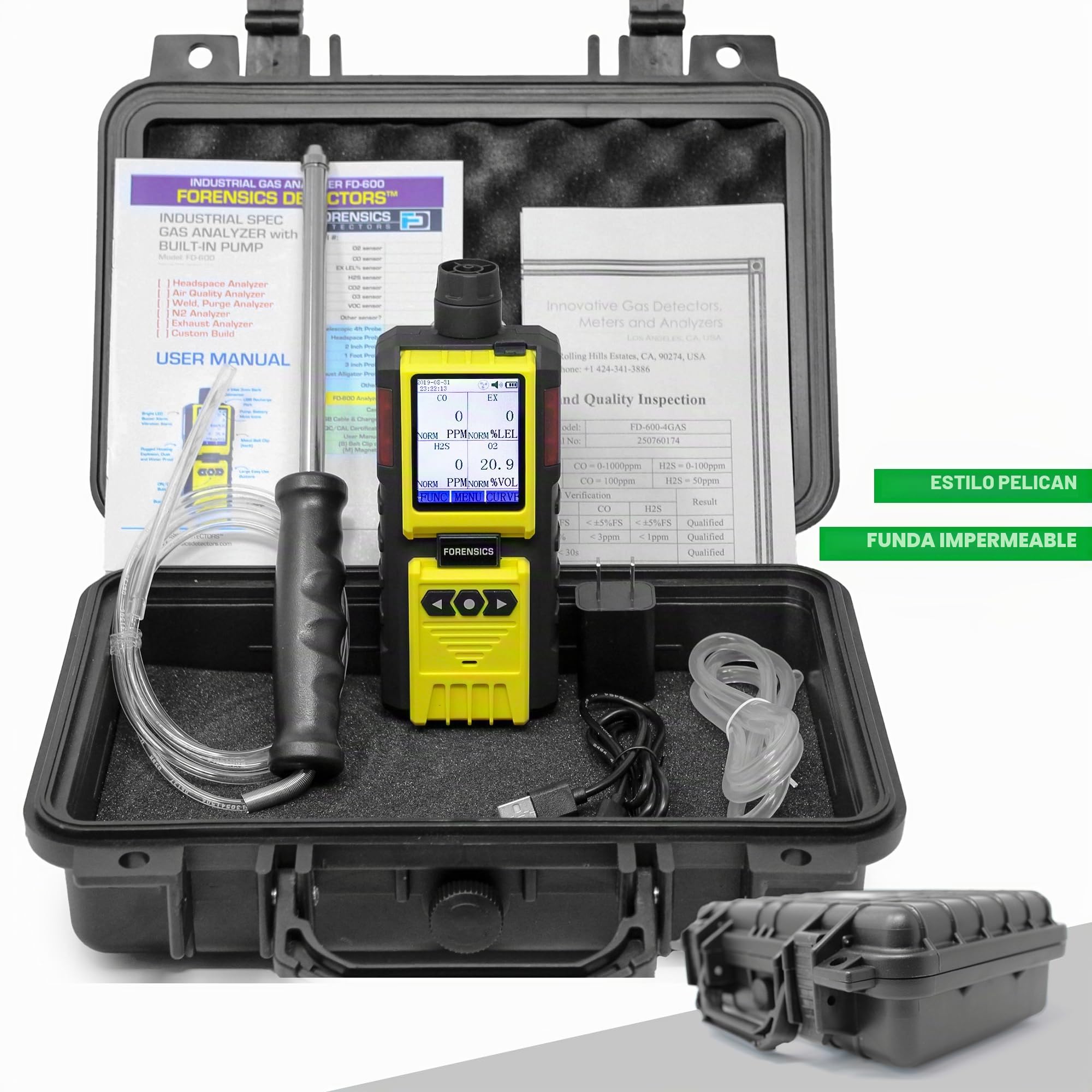 Monitor de 4 Gases | Certificado de Calibración EU | Detector Multigas | Bomba Integrada y Sonda de 4 Pies | O2, CO, H2S, LEL