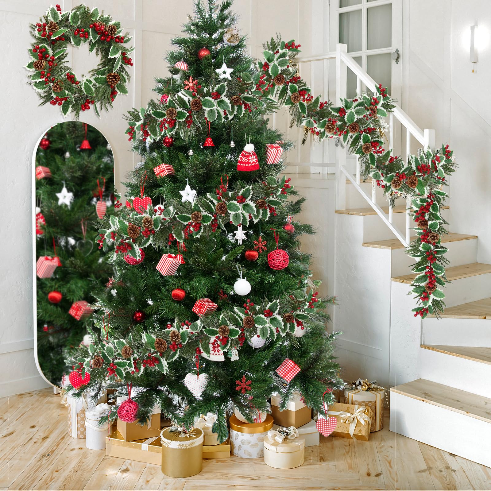 Betylifoy Lot de 2 guirlandes de Noël artificielles de 1,8 m avec aiguilles de pin, feuilles de houx en rotin avec baies rouges à suspendre pour cheminée de Noël, décoration d'intérieur (2 pièces, 1,8