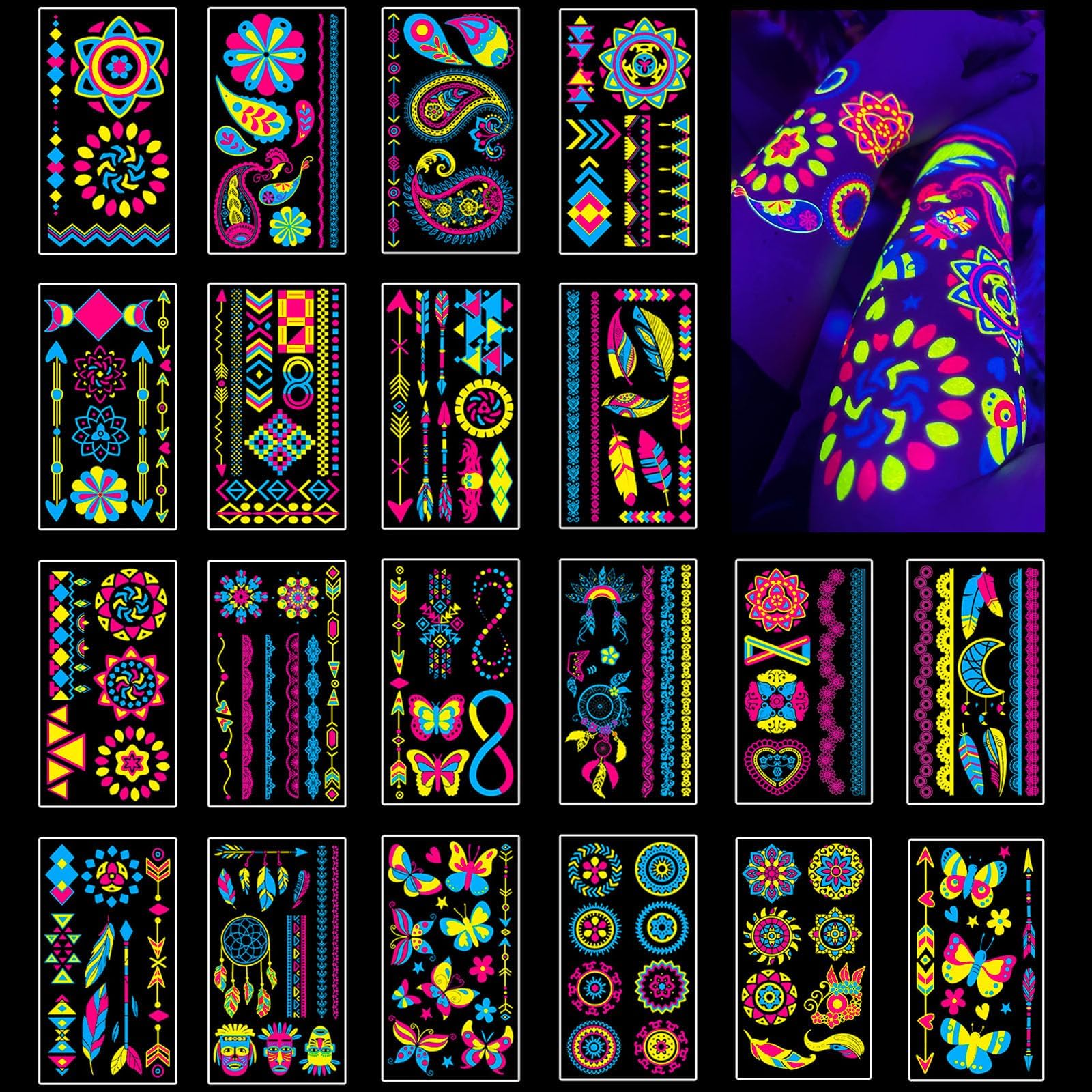 170 Pcs Temporary Tattoos Glow Under Neon, UV, Black Light, Temporary Tattoos for Kids, Teens & Adults, UV Glow Neon Party Accessories Supplies, Waterproof Tattoo Stickers, Party Bag Fillers for Kids