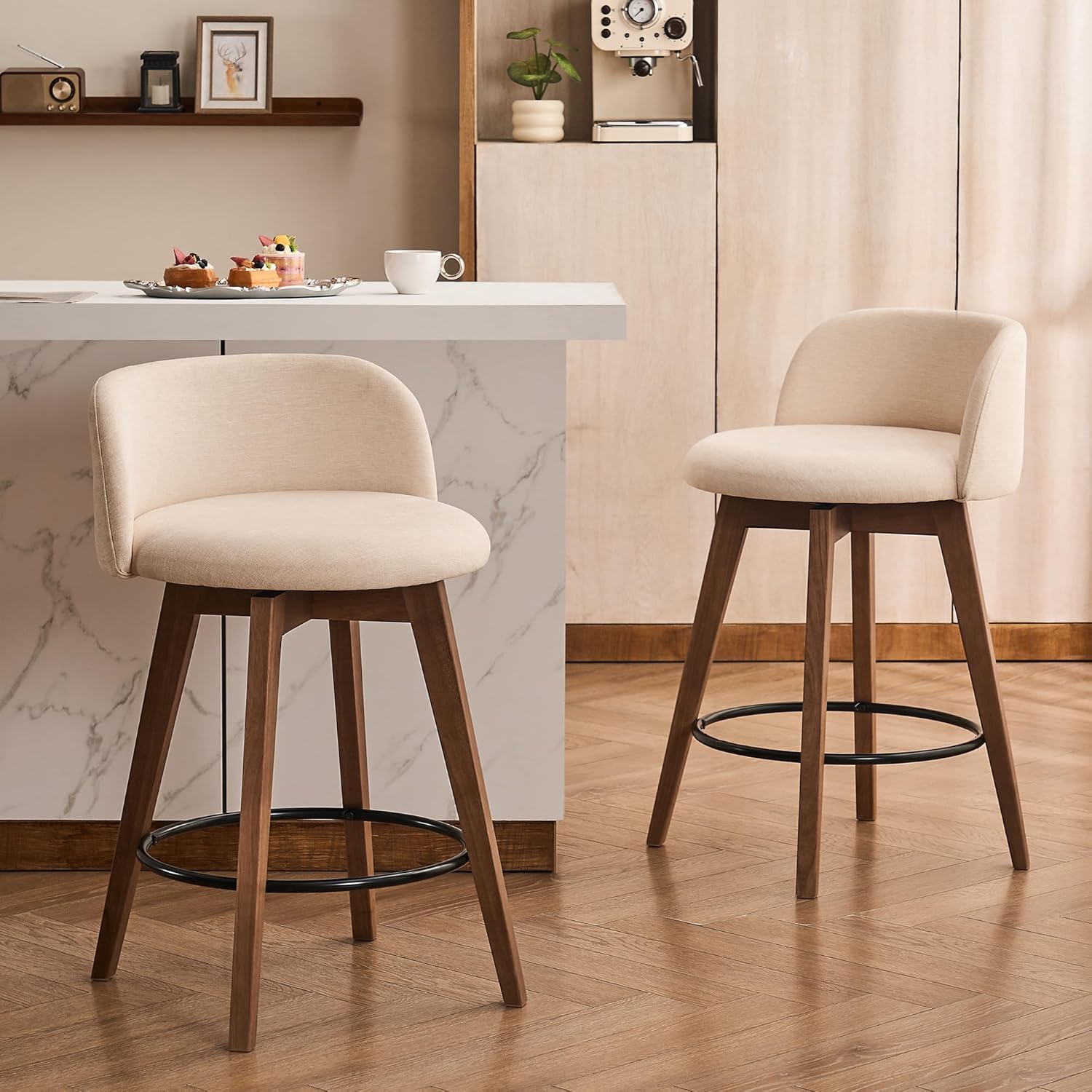 26" Swivel Bar Stools Set of 2, Farmhouse Upholstered Bar Chairs with Curved Back and Wood Legs, Chenille Fabric Counter Height Island Chairs for Kitchen Island, Brown/Beige