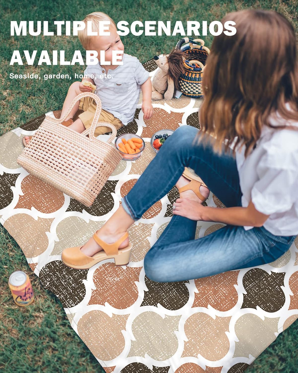 Geometric Morocco Lattice Plaid Beach Blanket Waterproof Sandproof Outdoor Picnic Mat 83"x79" Retro Plaid Lightweight Large Beaach Blankets with 4 Stake & 4 Corner Pockets