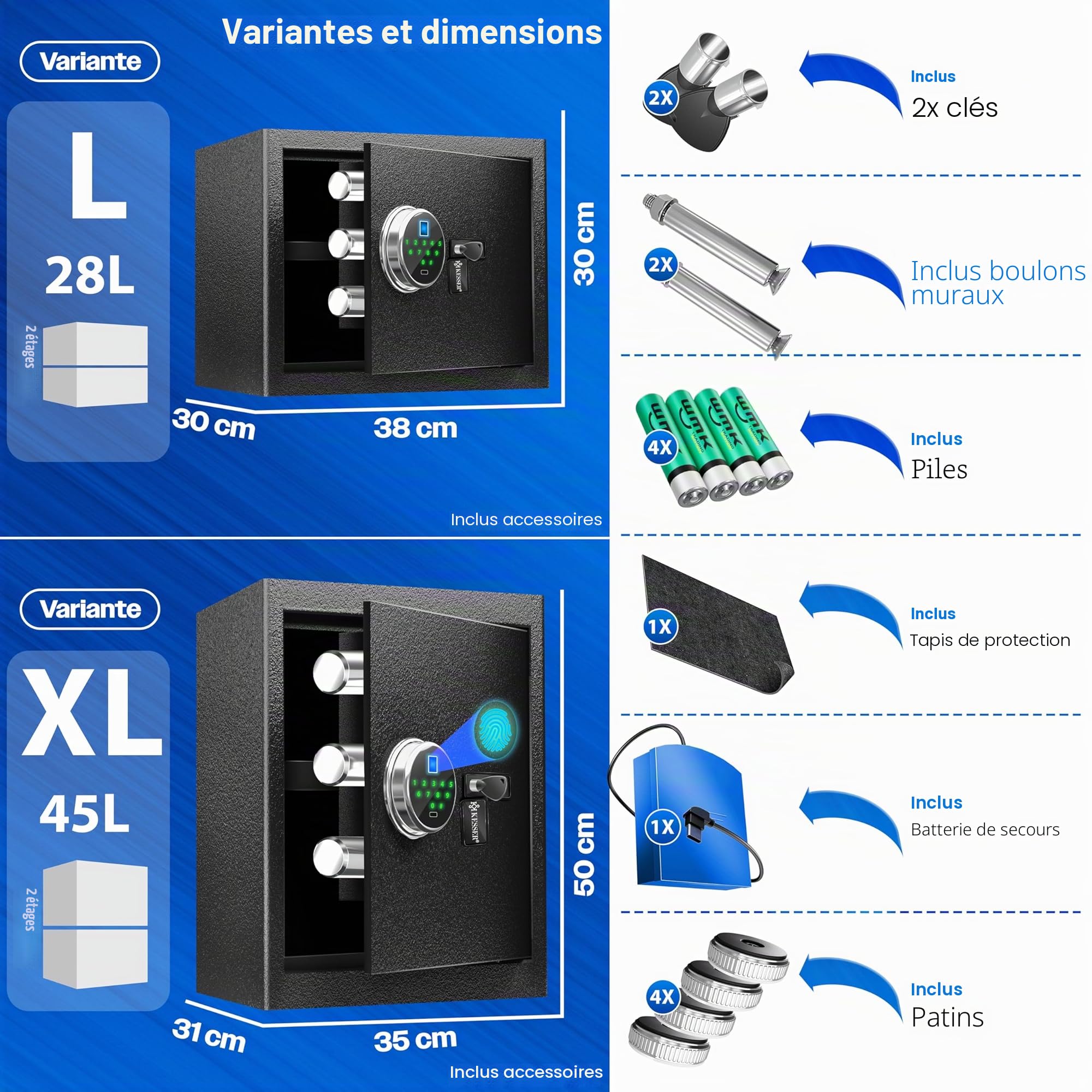KESSER Coffre-fort électrique avec empreinte digitale et clé L | Avec batterie d'urgence | Coffre-fort électronique | 3 x Verrouillage à double boulon | Coffre-fort mural au sol | Coffre-fort pour