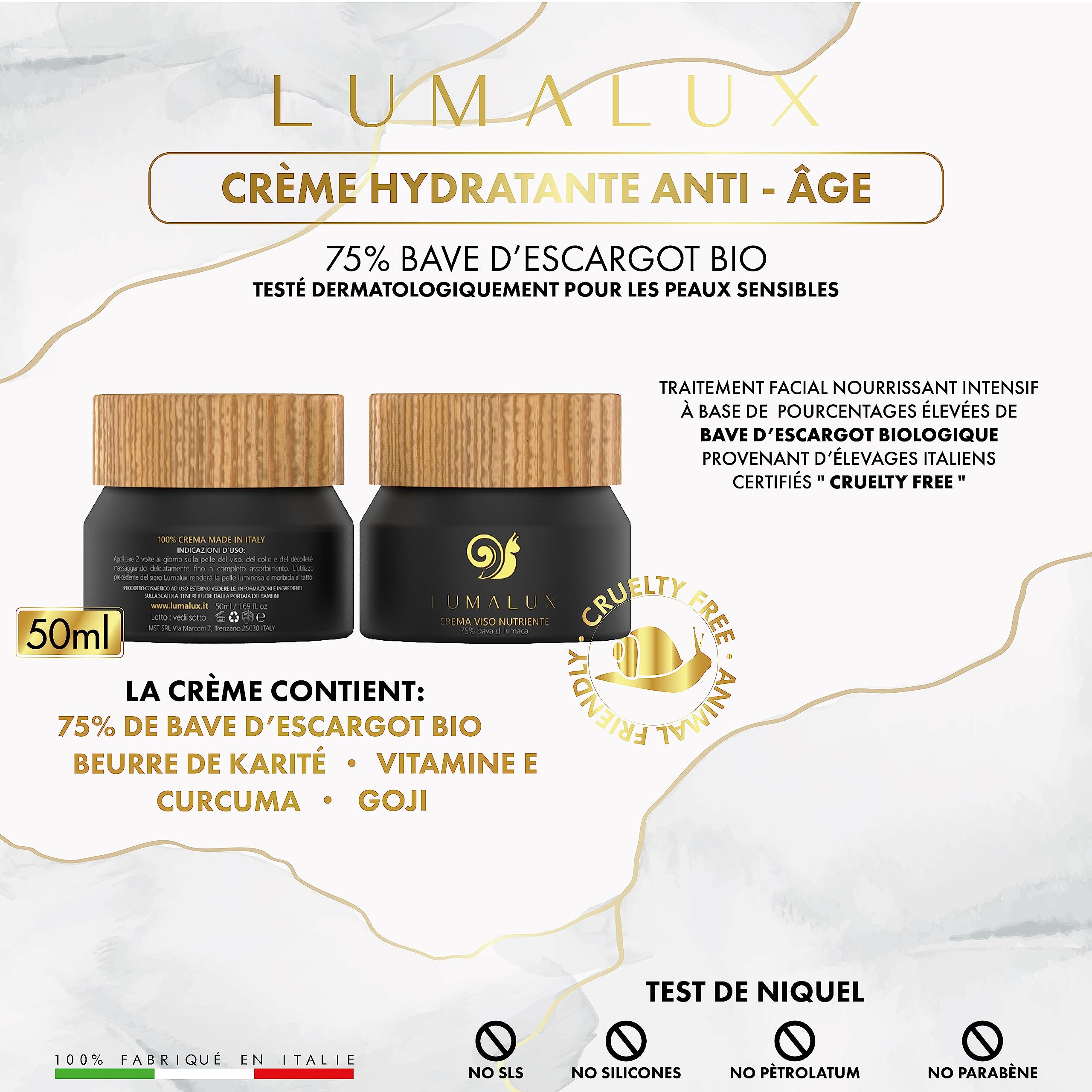 Lumalux COMBOPACK soins pour le visage - serum acide hyaluronique 98% de bave d’escargot 50ml et crème bave d'escargot BIO à 75% 50ml - Acide Hyaluronique, Aloe Vera, Vitamine E