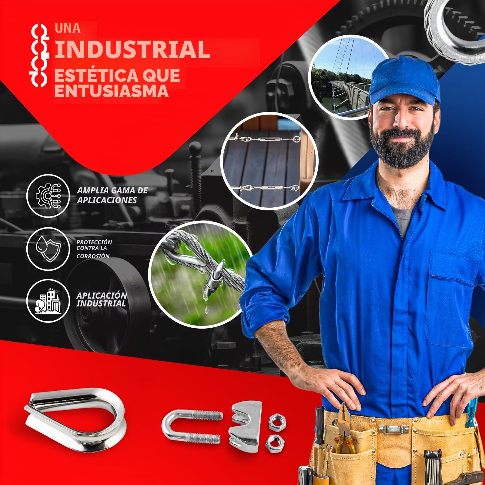 CONJUNTO 10m cable 10mm acero inoxidable cordaje hebra: 7x19 + 4 abrazaderas