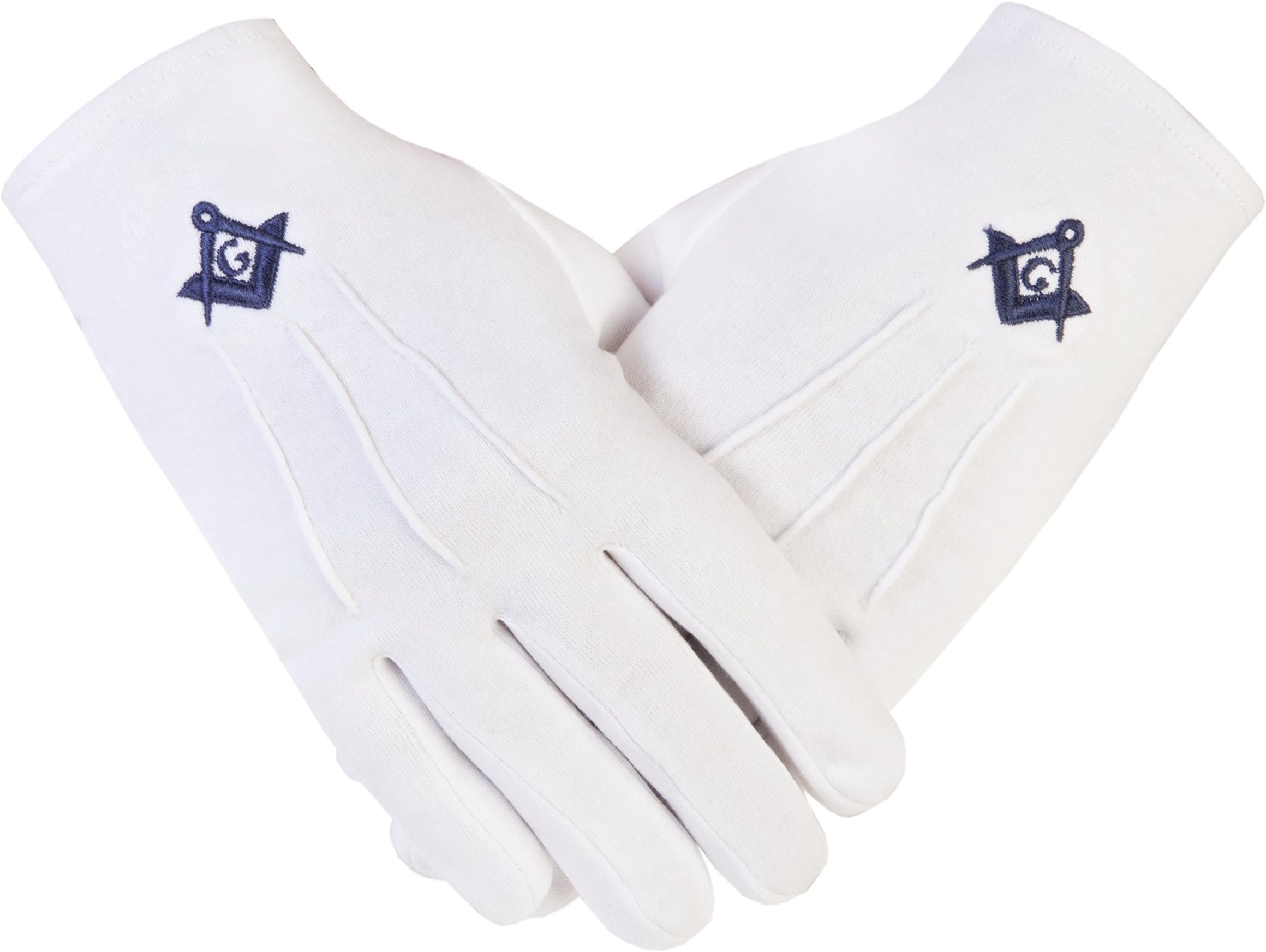Masonic Freemasons Cotton Gloves Embroidered in Navy Blue Square and Compass with G PCI. (X-Large)