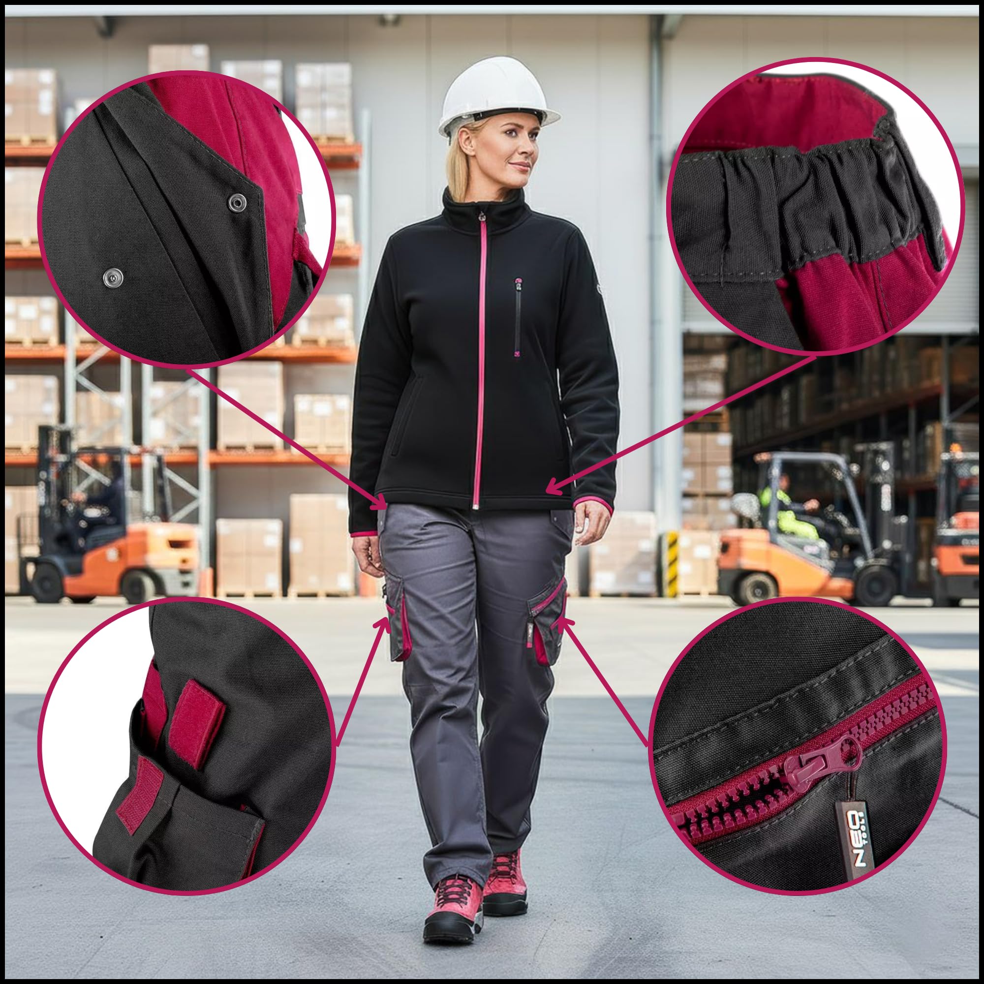 NEO TOOLS Damen Arbeitshose oder SET mit Fleece-Arbeitsjacke und Hose Gr. S-XXL, Hose mit Viele Multifunktionale Taschen, ausprofilierter Kniebereich, Warme Fleece Jacke