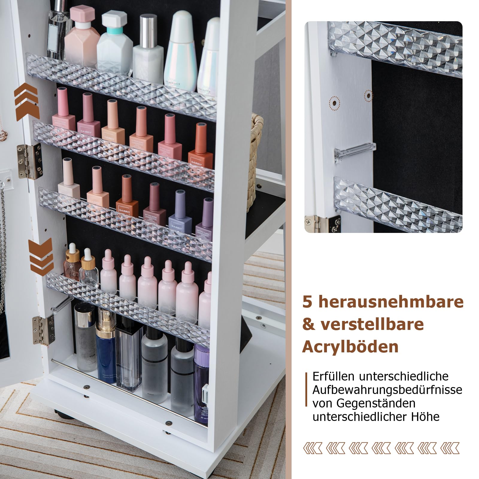 RELAX4LIFE Schmuckschrank mit Ganzkörperspiegel, 3 in 1 Spiegelschrank mit 4 Rädern & 3 farbigen LEDs, 360° Drehbar & Abschließbar, Schmuckorganizer mit 3 Regalen (Weiß)
