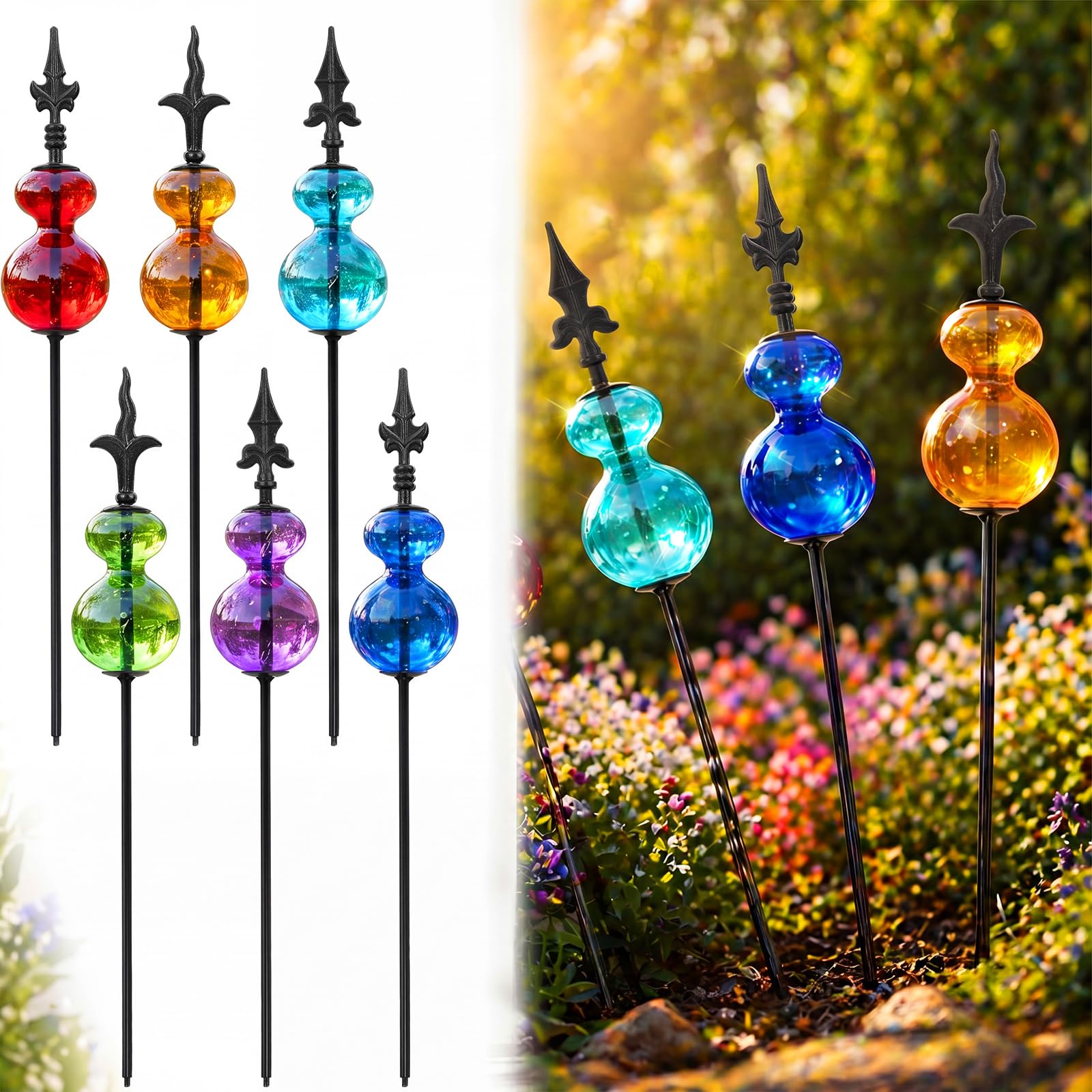 Tandefio Lot de 6 piquets de jardin en verre soufflé coloré vintage en fonte - Décoration réglable pour parterres de fleurs, pelouse, cour, patio, décorations d'extérieur - Cadeau de 81 à 130 cm de