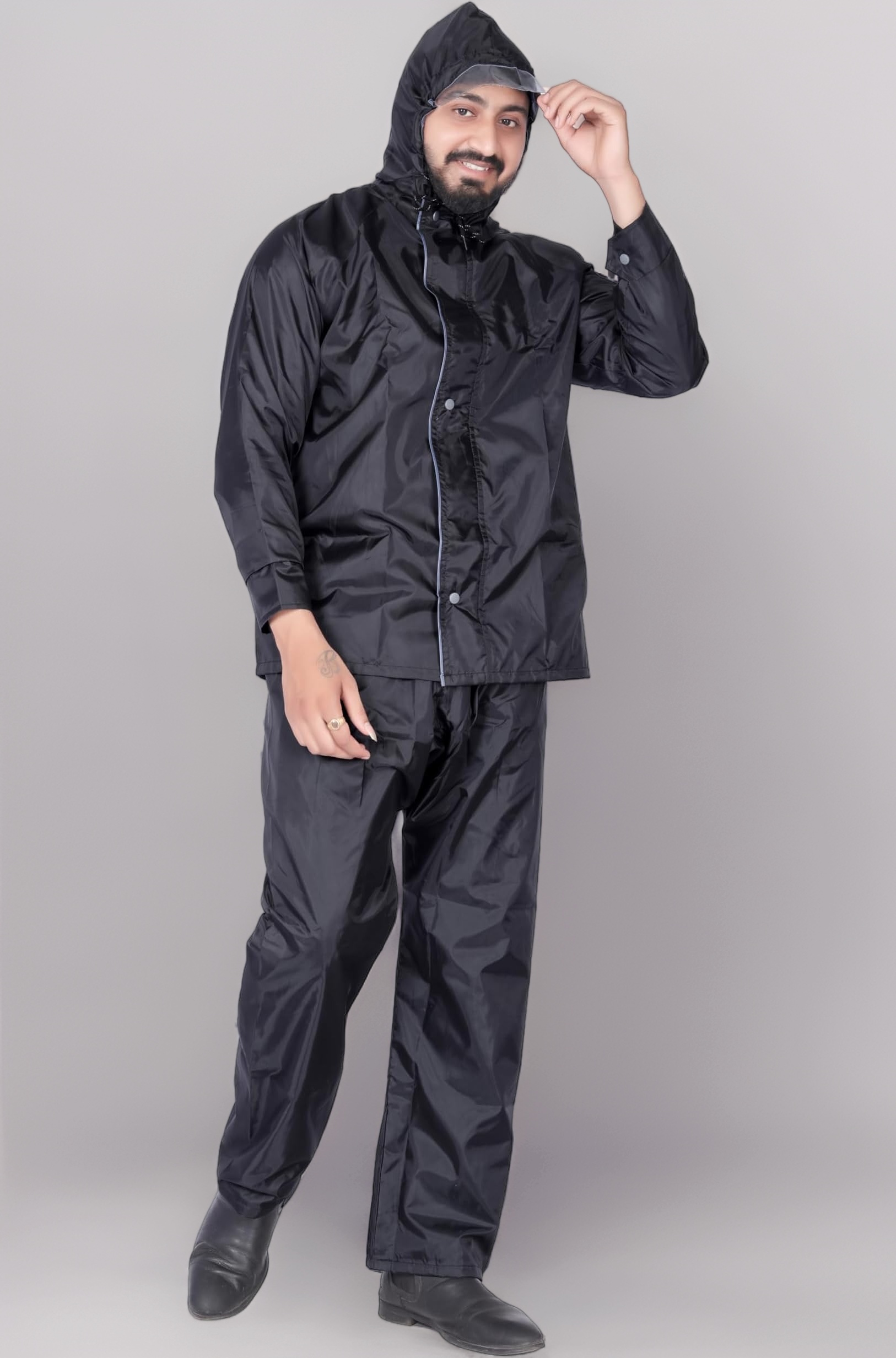 HSR Raincoat 100% Waterproof Polyester Double Layer Standard Length Rain Coat For Men Bike with Pants, Adjustable Hood