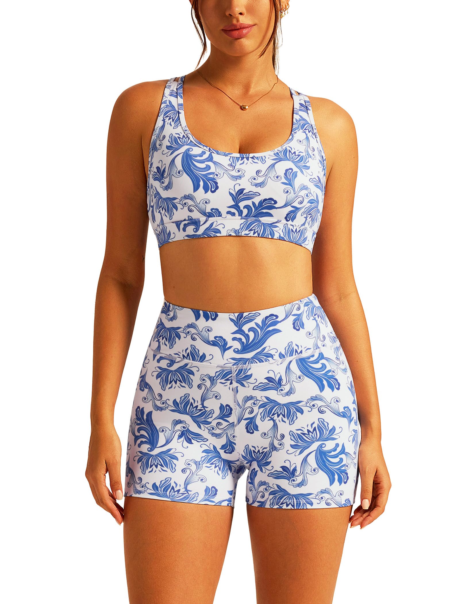 ABOCIW Floral Print Workout Sets for Women 2 Piece Cross Back Sports Bra High Waits Biker Shorts Yoga