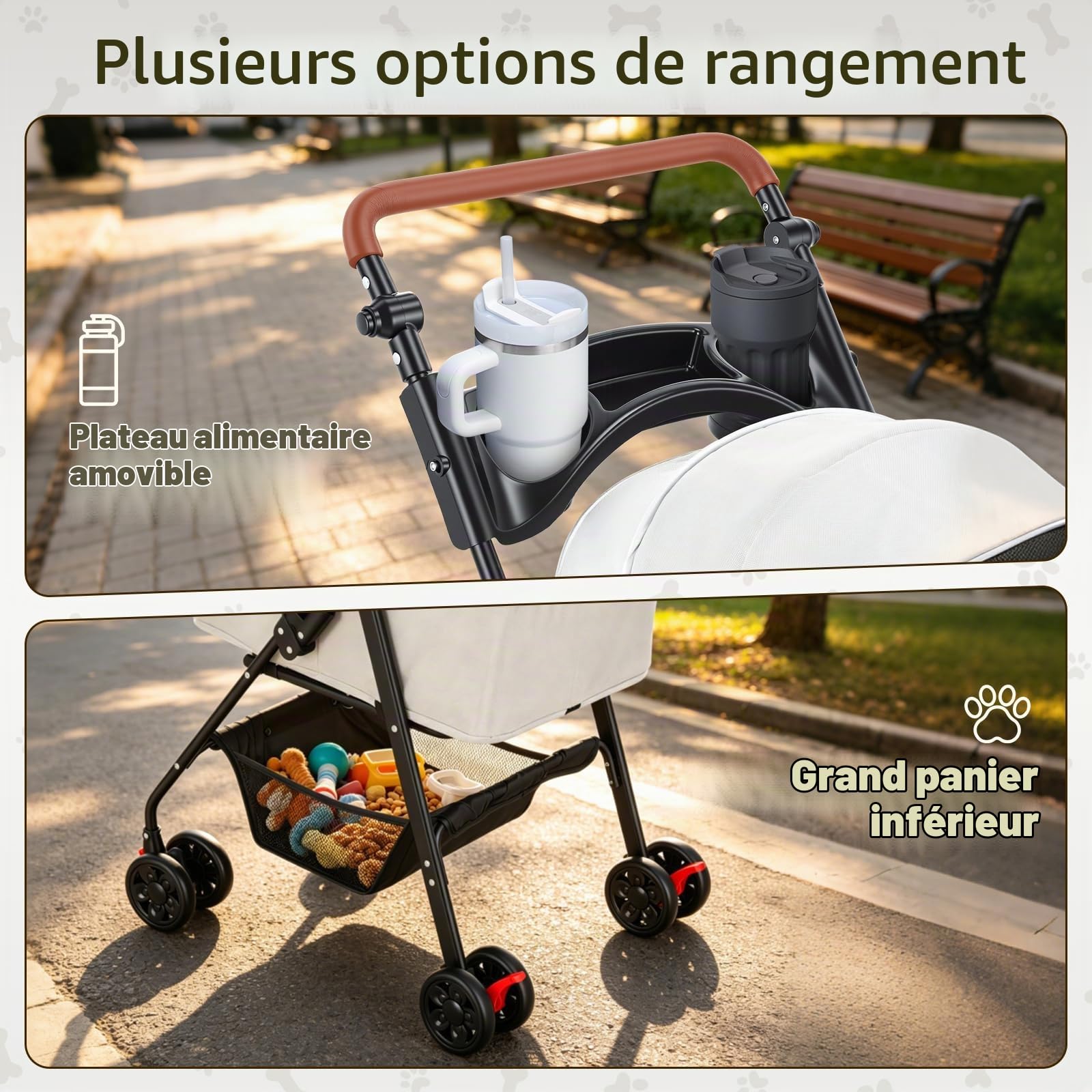 Poussette 3 en 1, pour chiens de taille moyenne, pliable, jusqu'à 20 kg, avec espace de rangement, siège auto amovible et compartiment alimentaire