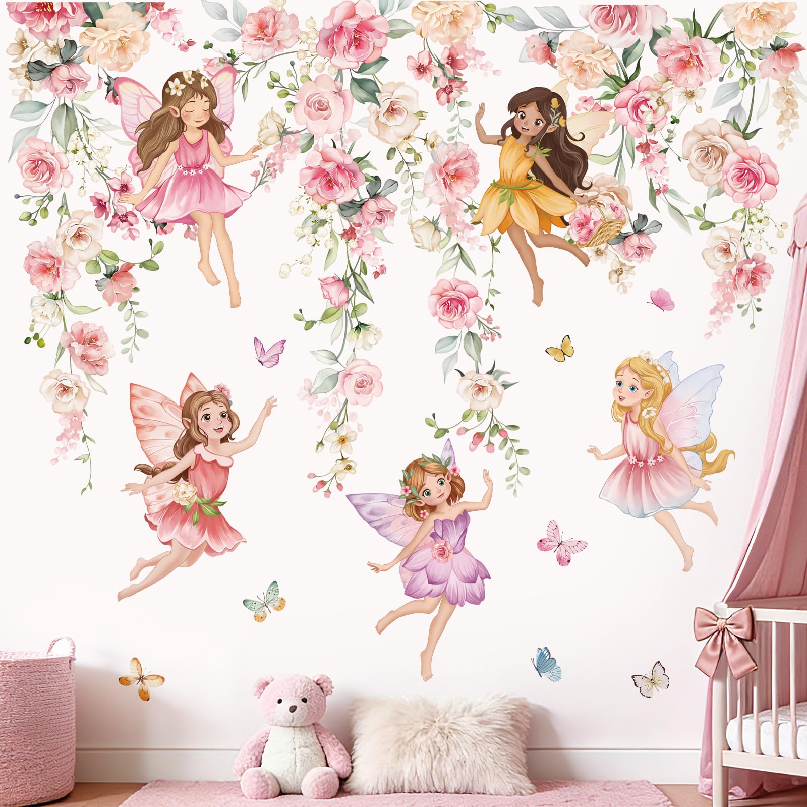 wondever Watercolor Flower Fairy Wall Stickers Pink Floral Girls Butterfly Peel and Stick Wall Art Decals for Baby Nursery Kids Room Girls Bedroom
