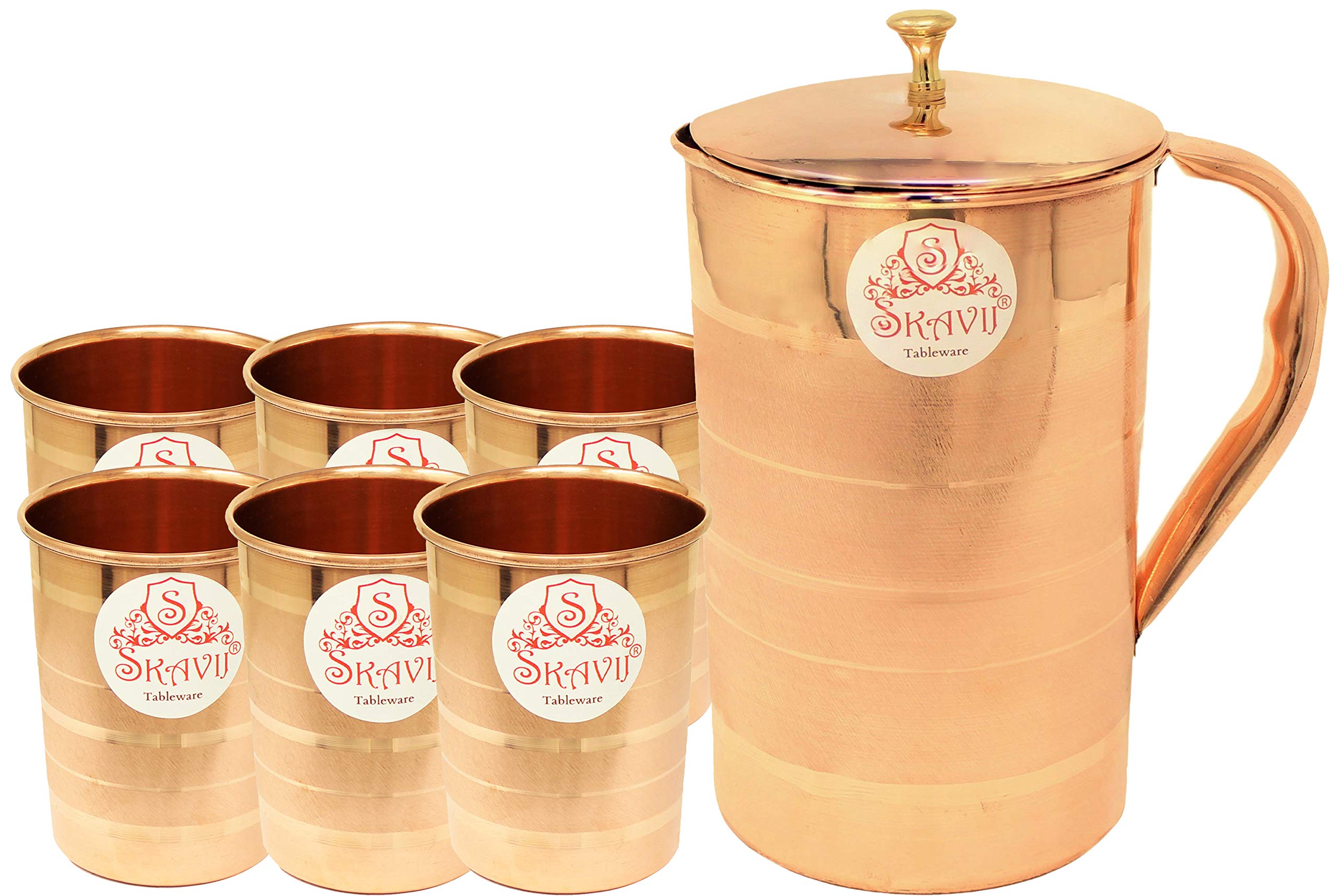 SKAVIJ Juego de jarra de cobre puro y 6 vasos de agua de estilo lujoso con tapa (1,6 litros)