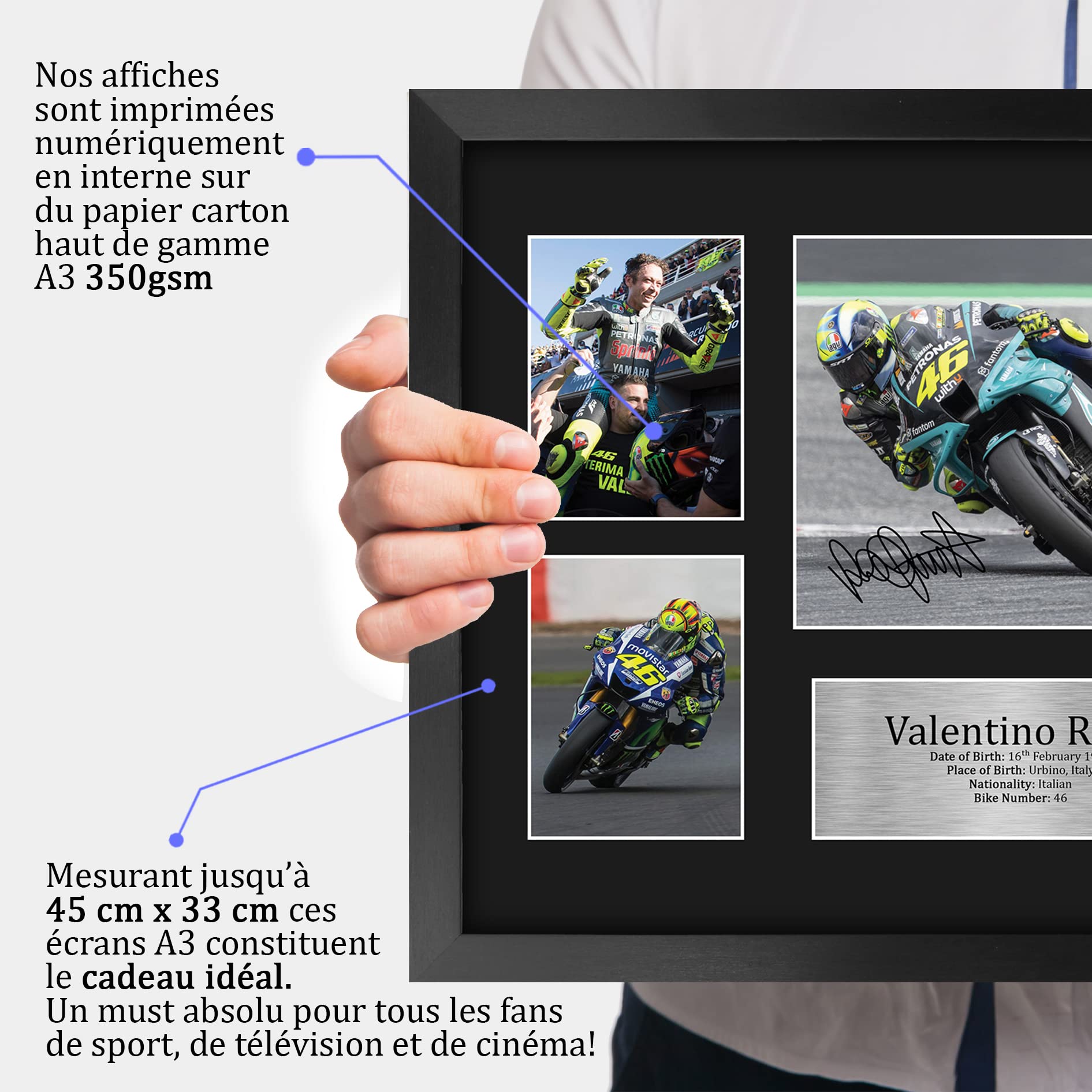 Valentino Rossi A3 Cadre Photo Autographe Signée MotoGP