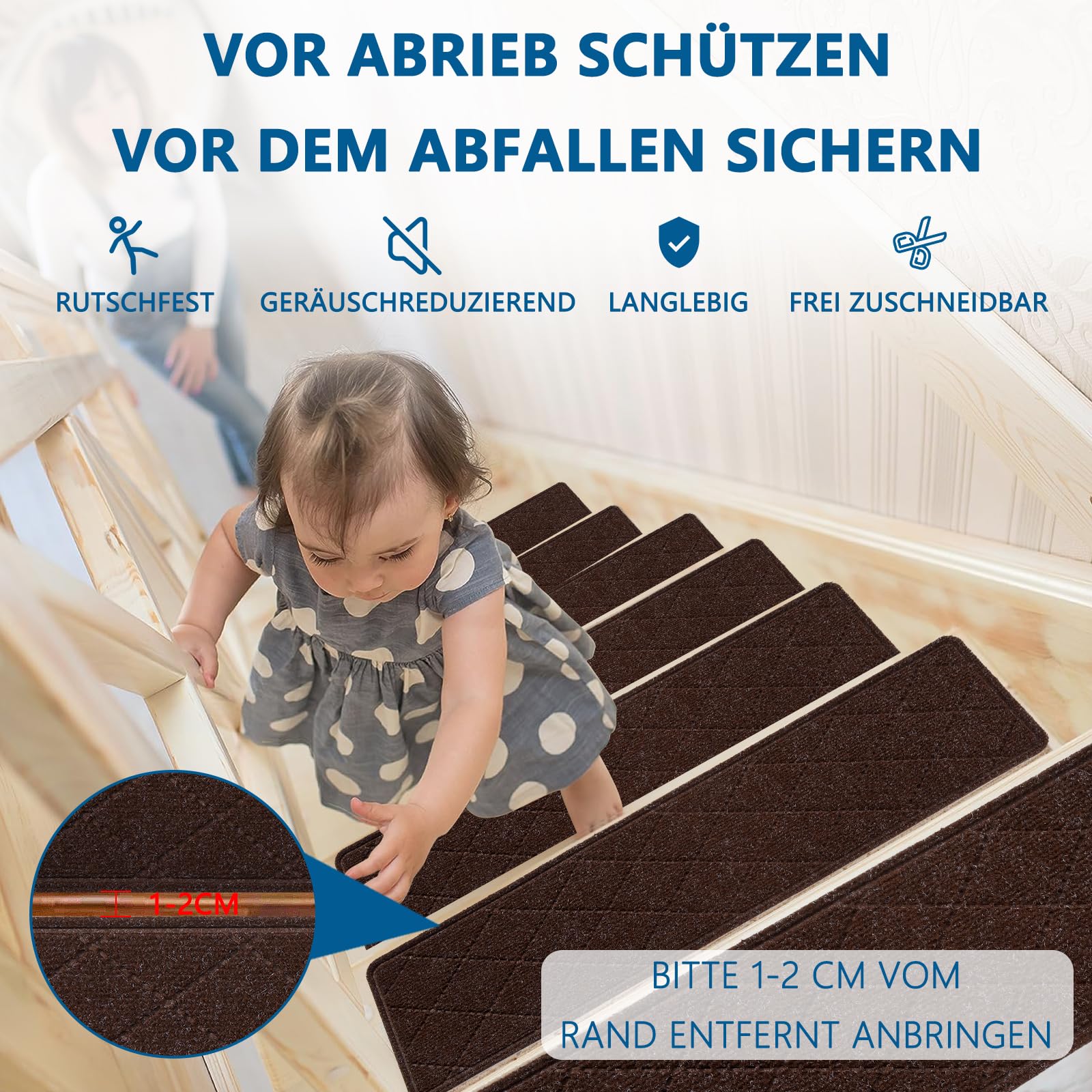KOOTETA Teppich-Treppenstufen, rutschfest, 20x76cm (15 Pack), Teppich-Treppenläufer, wiederverwendbarer Klebstoff für alle sauberen, glatten Treppen, Stufenschutzmatte für Kinder, Braun