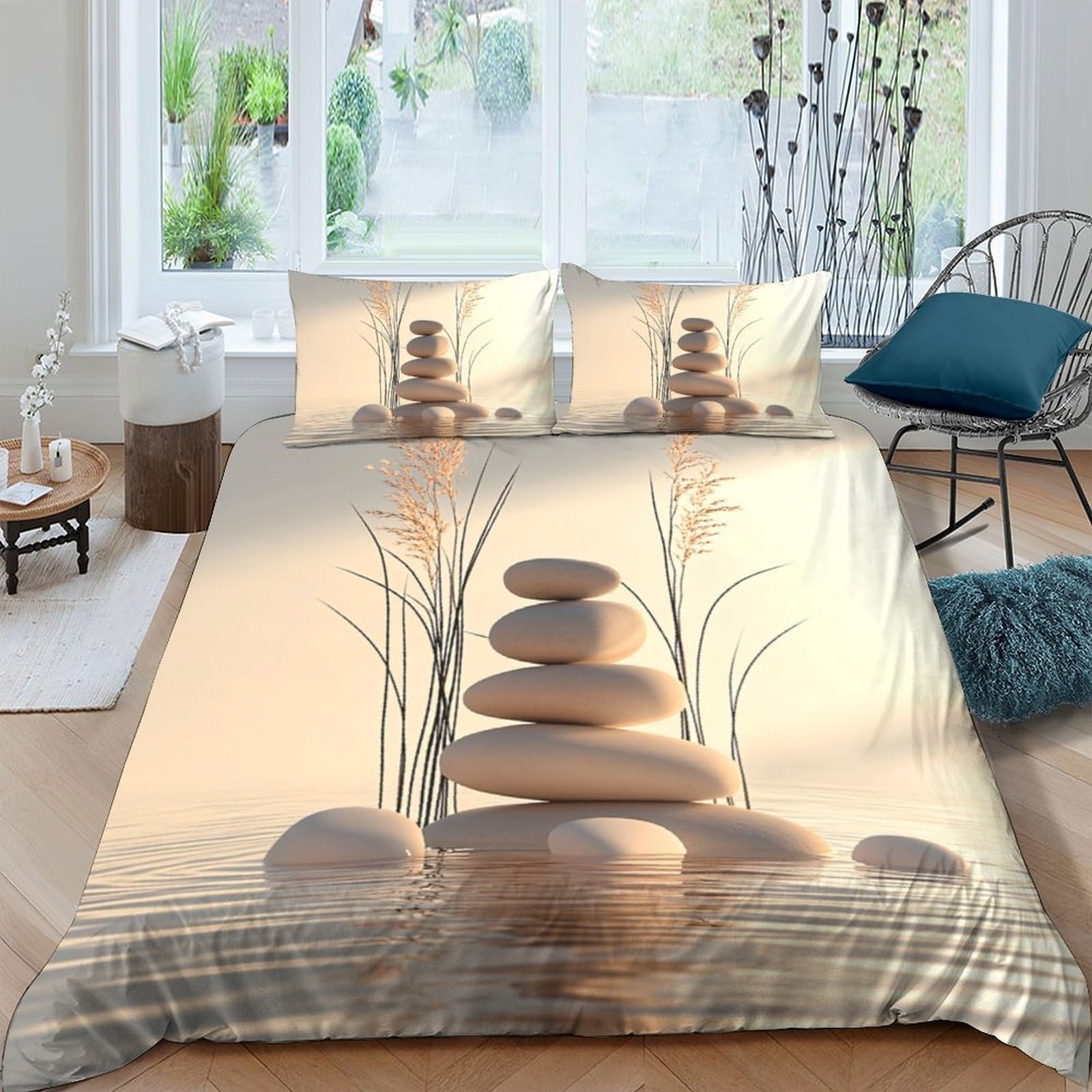 Ctjqhvkz Style-3 3D Printed Zen Stone Stack Fitted Sheet Microfiber Non-Slip Bed Cover For Bedroom Spa Decor Protection Single（135X200cm）