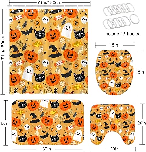 Miniatura 3 de Mocsicka Juego de 4 cortinas de ducha de Halloween para baño, juego de baño de calabaza y fantasma de dibujos animados con alfombras