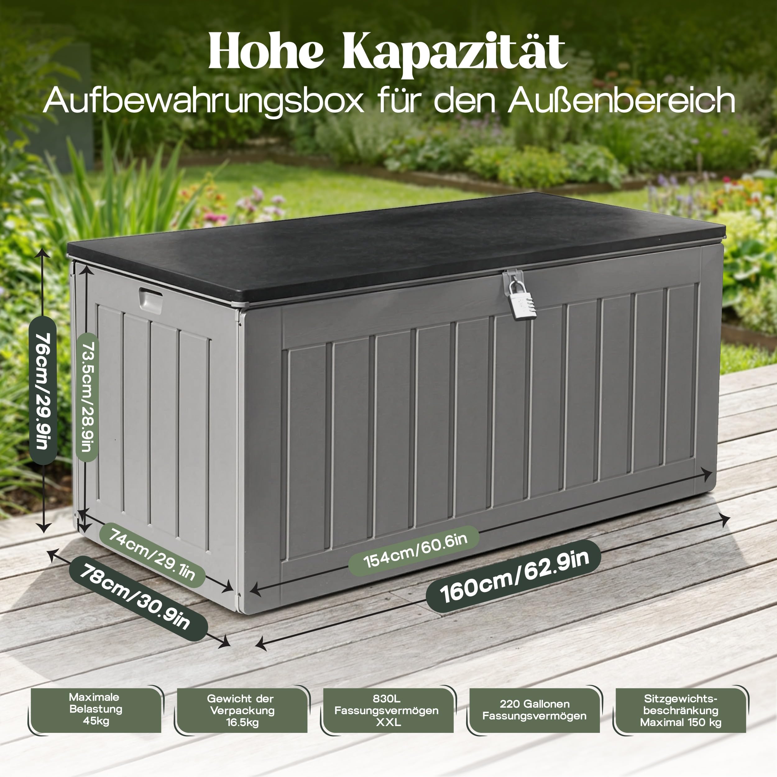 Olsen & Smith Abschließbare XXL 830L Aufbewahrungsbox mit Deckel Groß – Wetterfeste Gartenbox & Sitzbank mit Gasdruckfeder – Wasserdicht Auflagenbox & Kissenbox – Gartentruhe Anthrazit Holzoptik