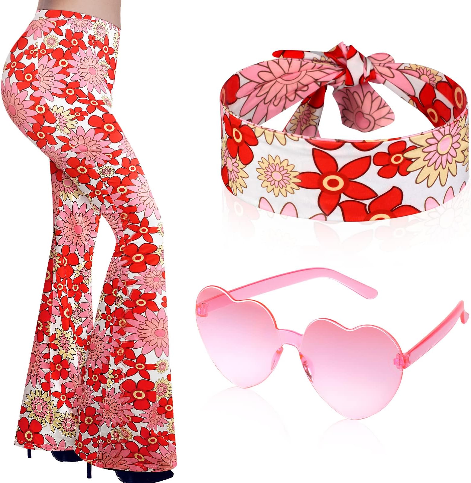 3 Pcs 60s 70s Outfit for Women Hippie Costume Set Disco Flared Pants Groovy Outfit Party Accessories