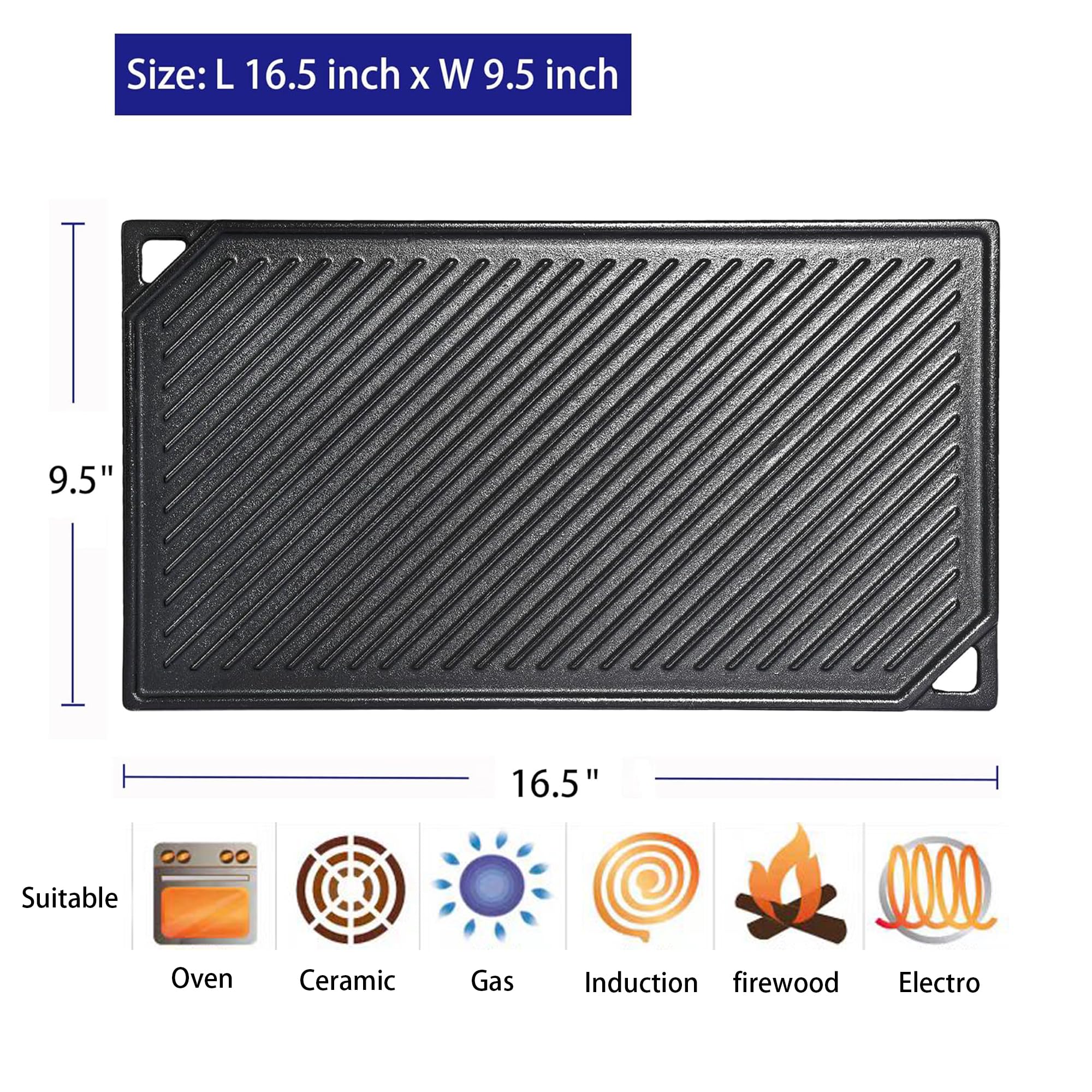 Leship Cast Iron Rectangular Reversible Griddle for Oven, Stove Tops, Grill and Others, 16.5'' x 9.5'' Double-sided Griddle Plate