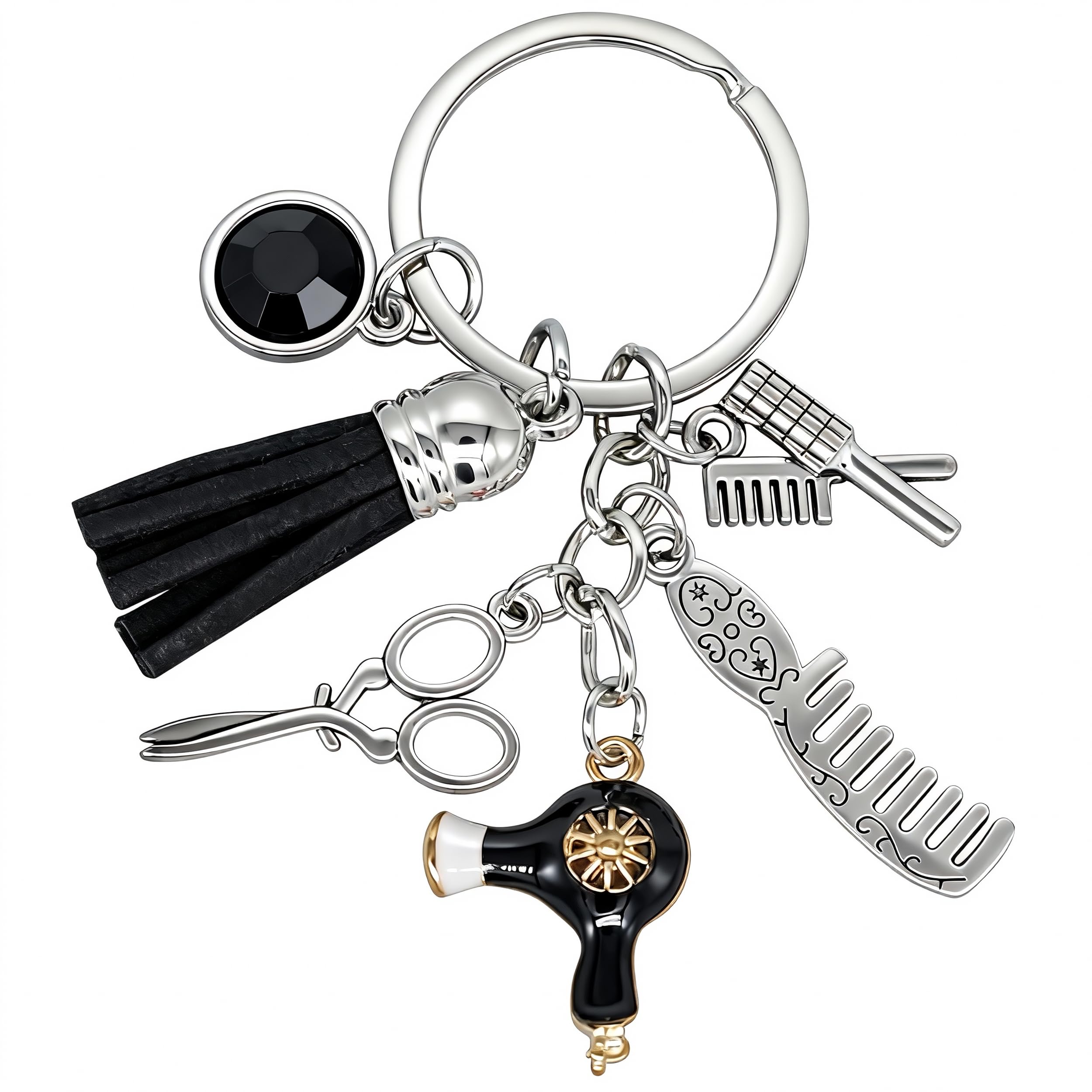 Moydolo Unisex Black Comb Scissors Hair Dryer Keychain Pendant Barbe Key Chains Charm Keyring For Hairdresser Hair Stylist Pursse Backpack