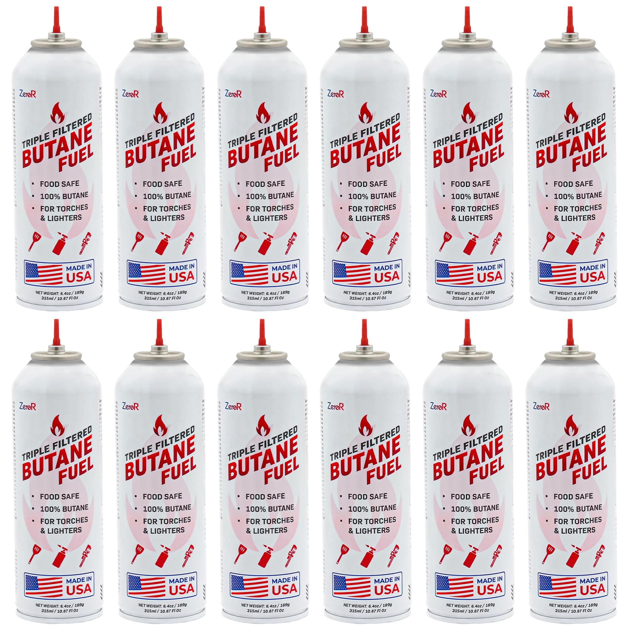 ZeroR® Butane Fuel Refill for Torch Lighters - Food-Safe &amp; Triple-Filtered for Clean Burn - 100% Pure, Iso-Butane Refill for Torches, Kitchen &amp; Refillable Lighters - 10.67 fl oz (315ml), 12 Cans