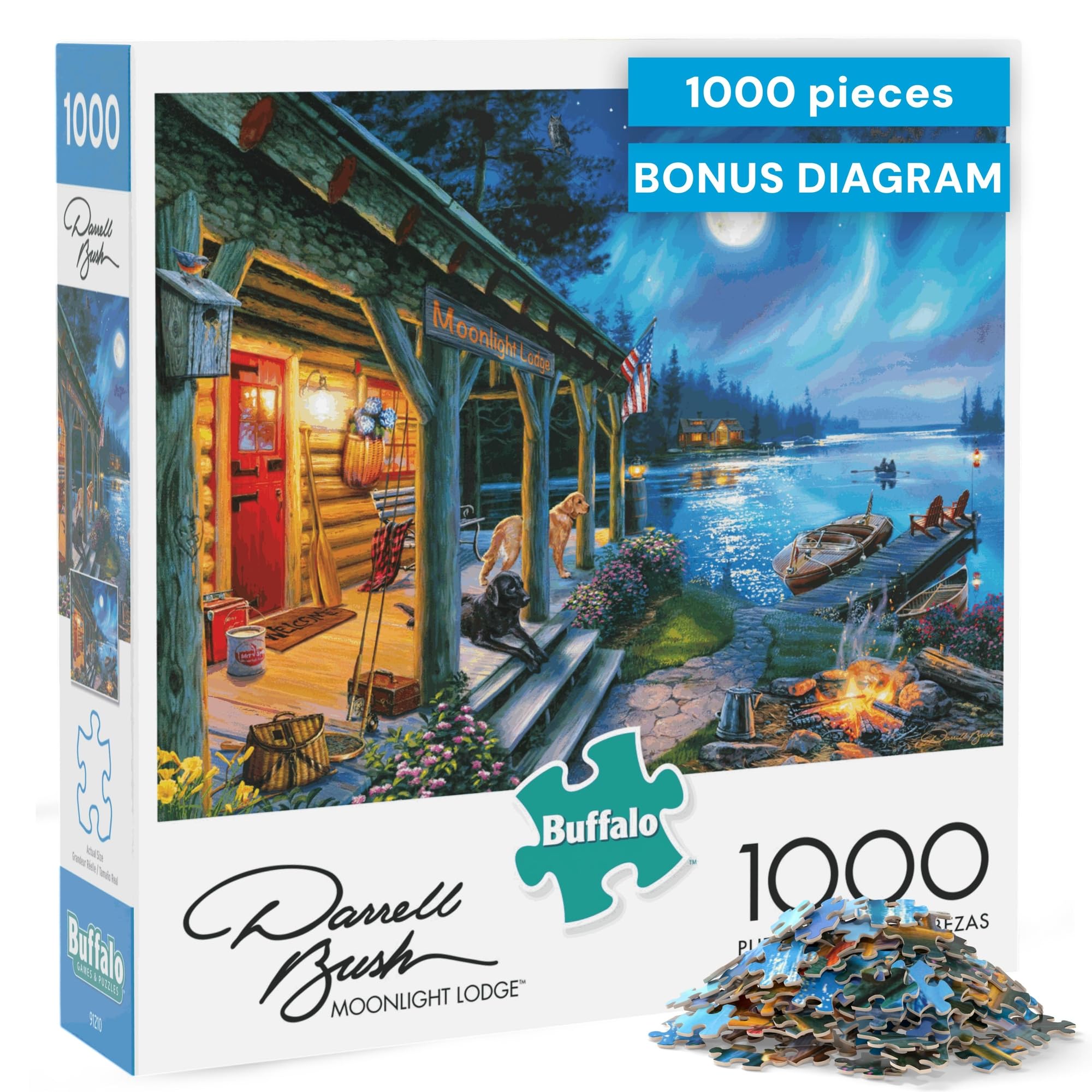 Moonlight Lodge - 1000 Piece Puzzle for Adults, Darrell Bush Lake Cabin Jigsaw with Poster, Premium 1000 Piece Jigsaw Puzzle