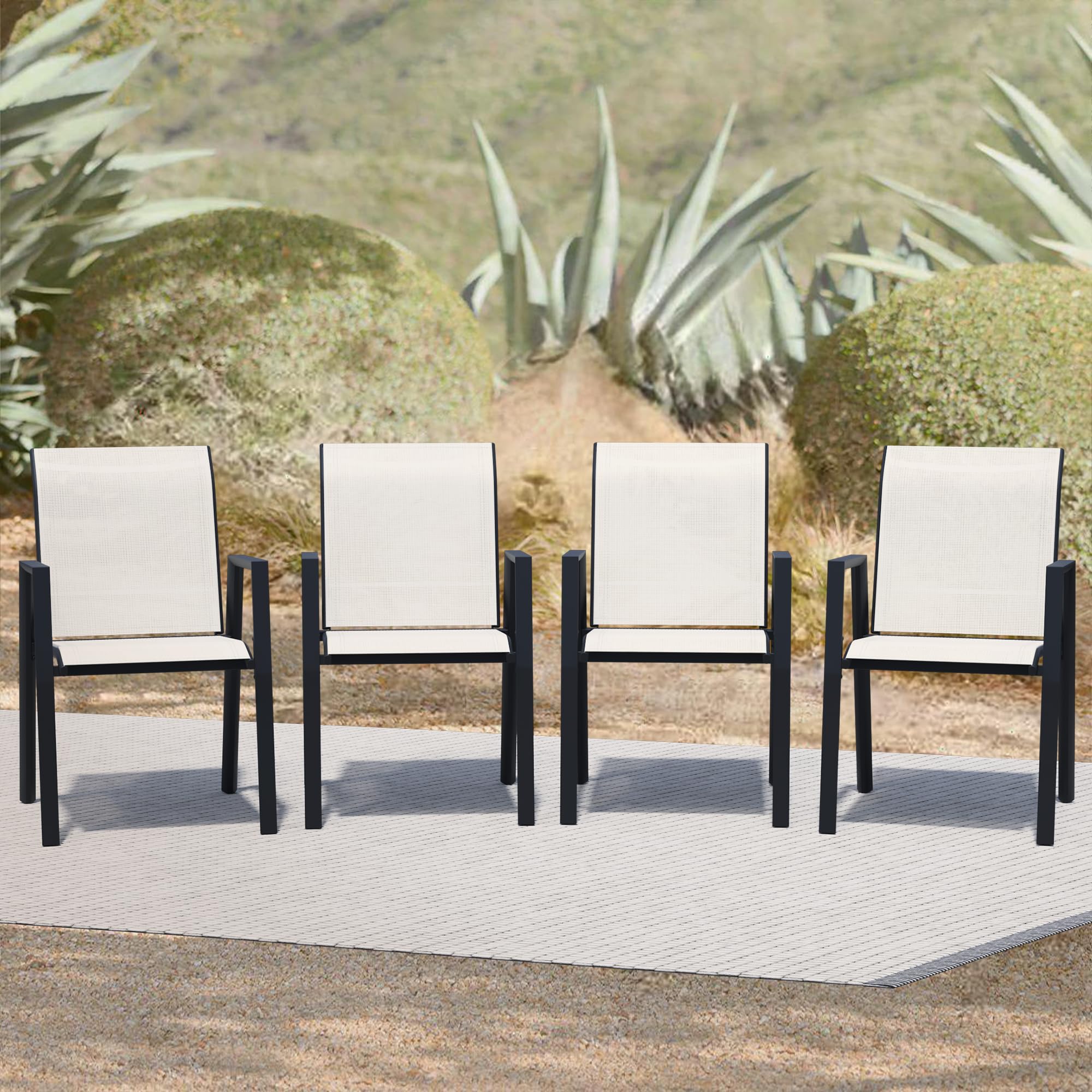 Puntogen Stackable Patio Chairs Set of 4, Outdoor Dining Chairs with High Back & Metal Frame, Lightweight Sling Chair for Lawn Garden Deck, Oyster