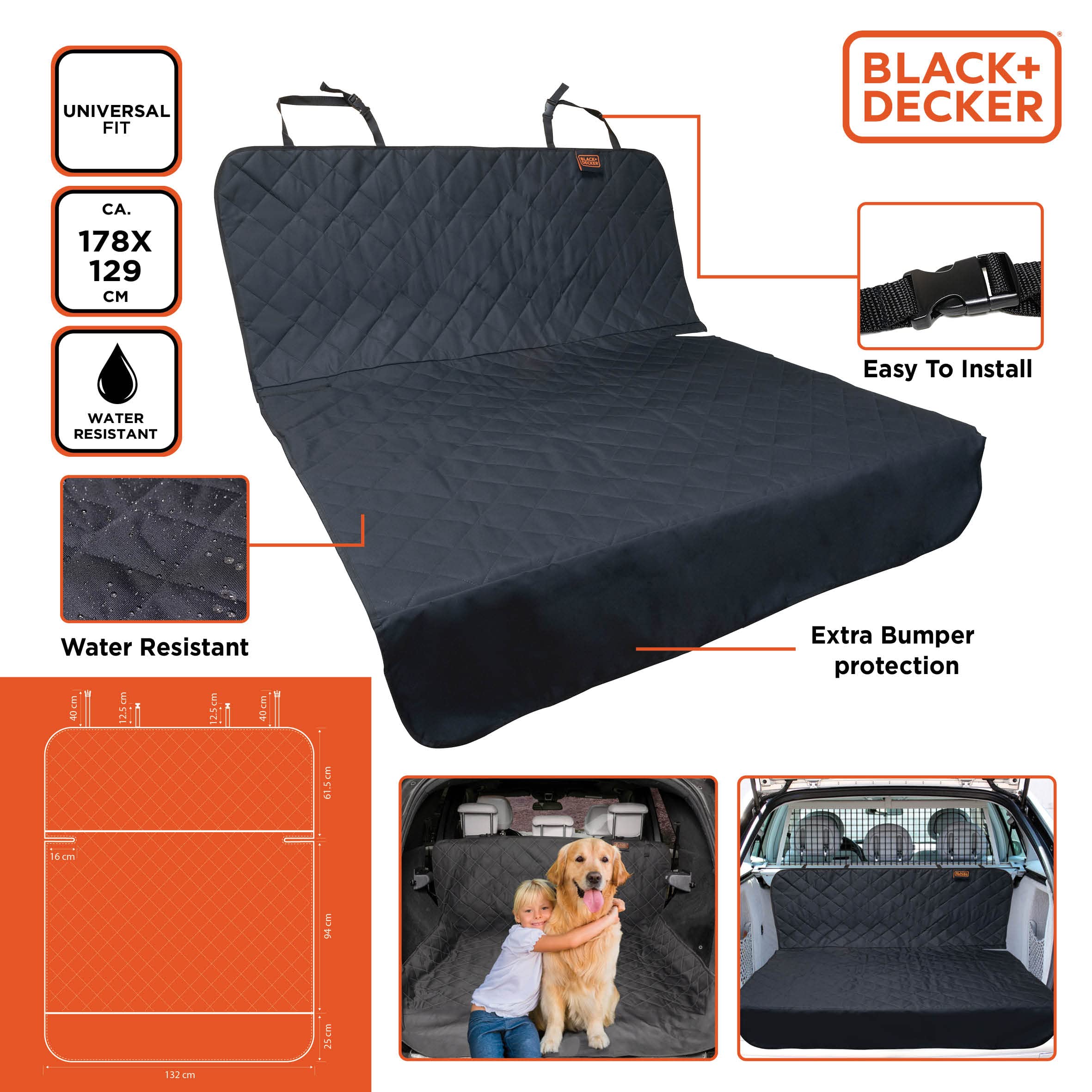 BLACK+DECKER Pokrowiec ochronny do bagażnika dla psa - uniwersalny - antypoślizgowy - odporny na działanie wody - 178 x 129 cm - czarny