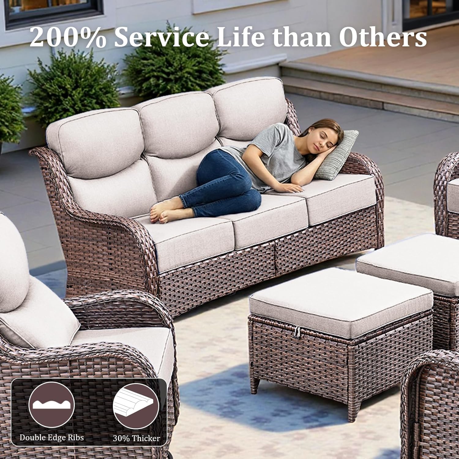 Luxury High Back Patio Furniture Set with Fire Pit Table, 4-Pieces Outdoor Furniture with 6" Thick Cushions Swivel Chairs, Wicker Conversation Set for Porch, Balcony, Deck and Yard, Brown/Beige