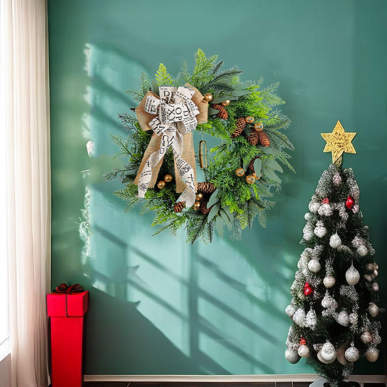 Decoraciones de puerta de Navidad, coronas de Navidad para puerta delantera con luces, corona artificial con adornos para vacaciones, Acción de Gracias, otoño e invierno (verde, talla única)