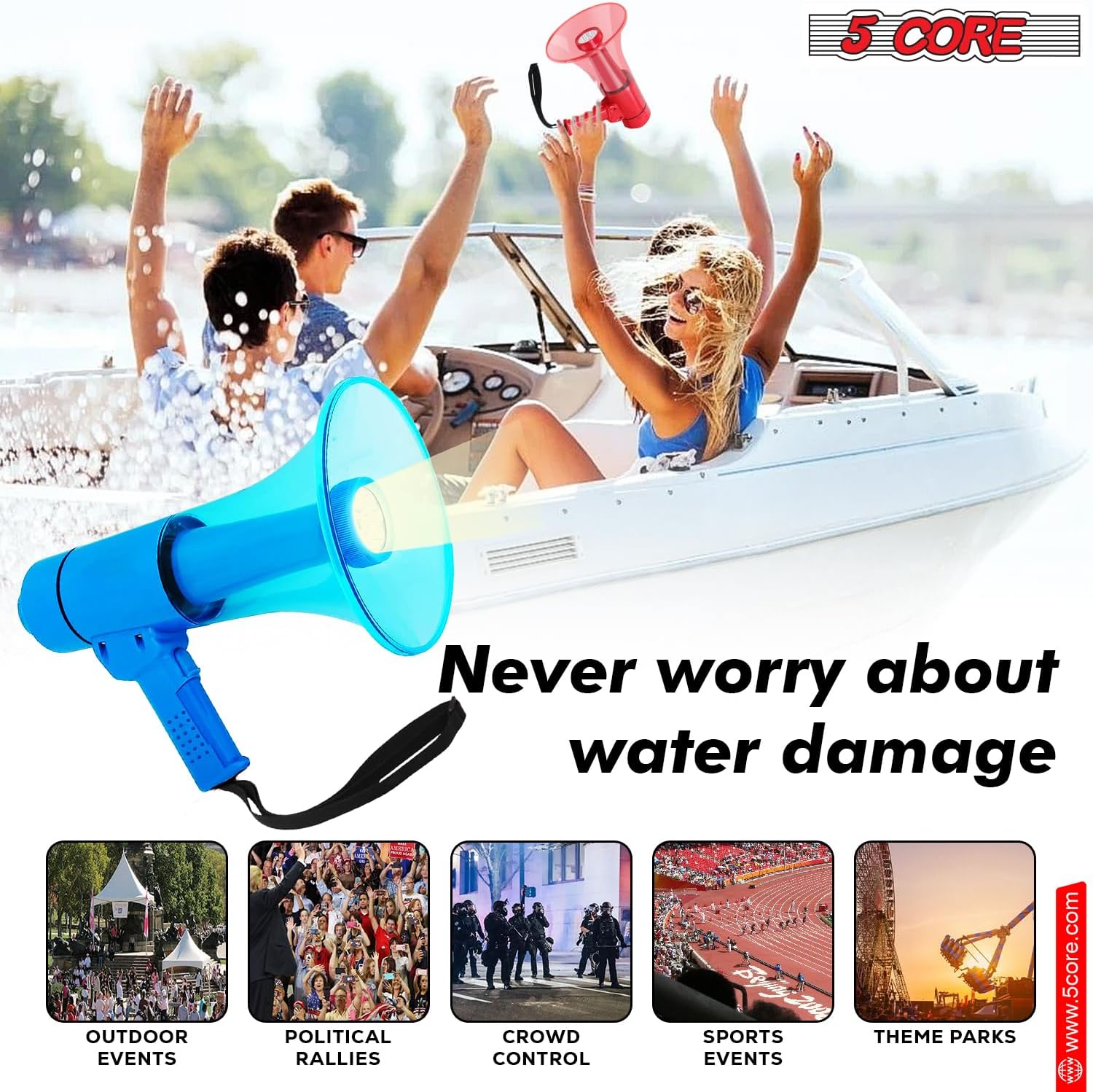 5 CORE Megaphone 50W Waterproof Bull Horn PA Speaker w 800 Yard Range Flashlight Loud Siren Voice Amplifier Lightweight Portable Megafono - HW 18 WP