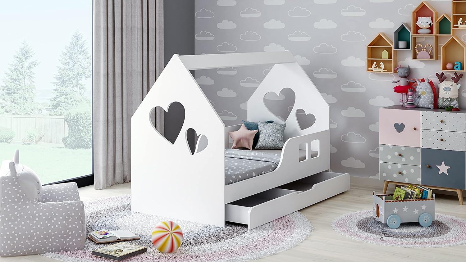 BDW Cama infantil con cajón, 160 x 80 cm, diseño moderno, con bordes seguros, color blanco