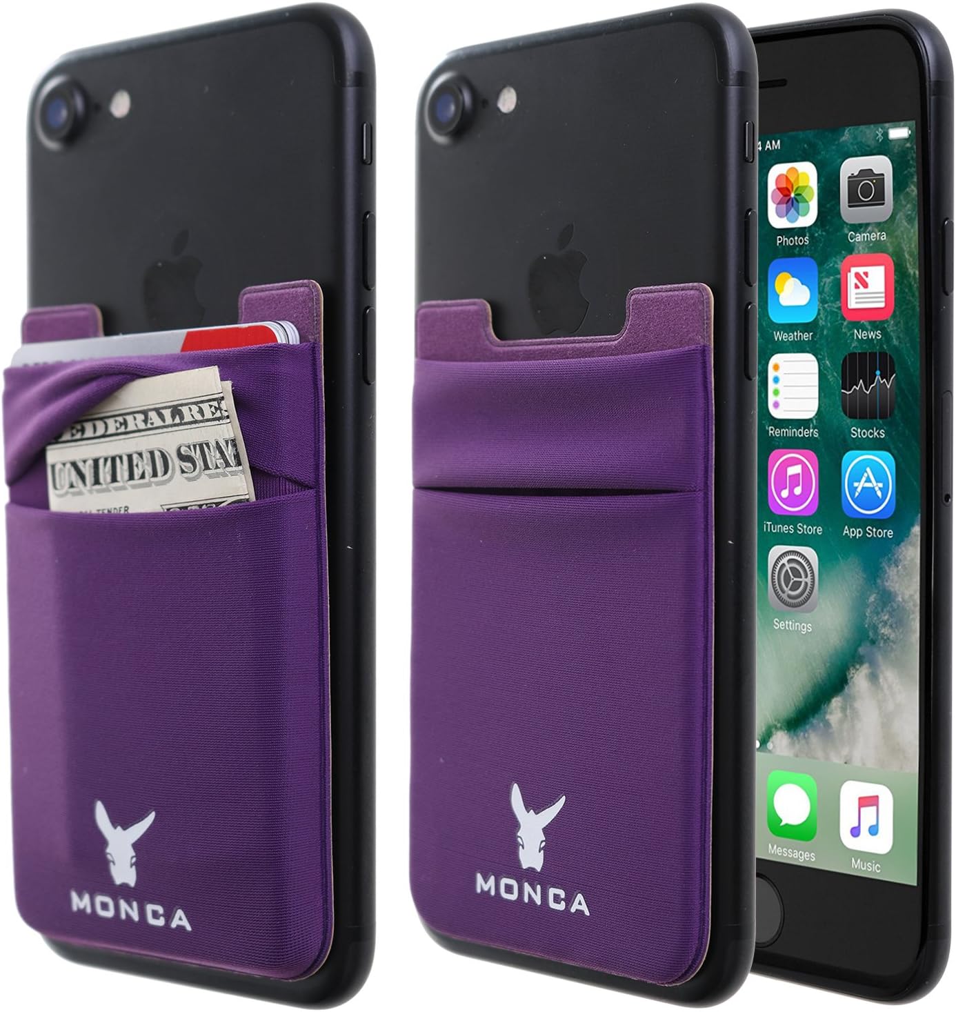 Monca Phone Wallet Stick on, RFID Blocking Phone Card Holder for Back of Phone Stick On Sticky Adhesive Attachment iPhone Wallet & iPhone Credit Card Holder (RFID Purple)