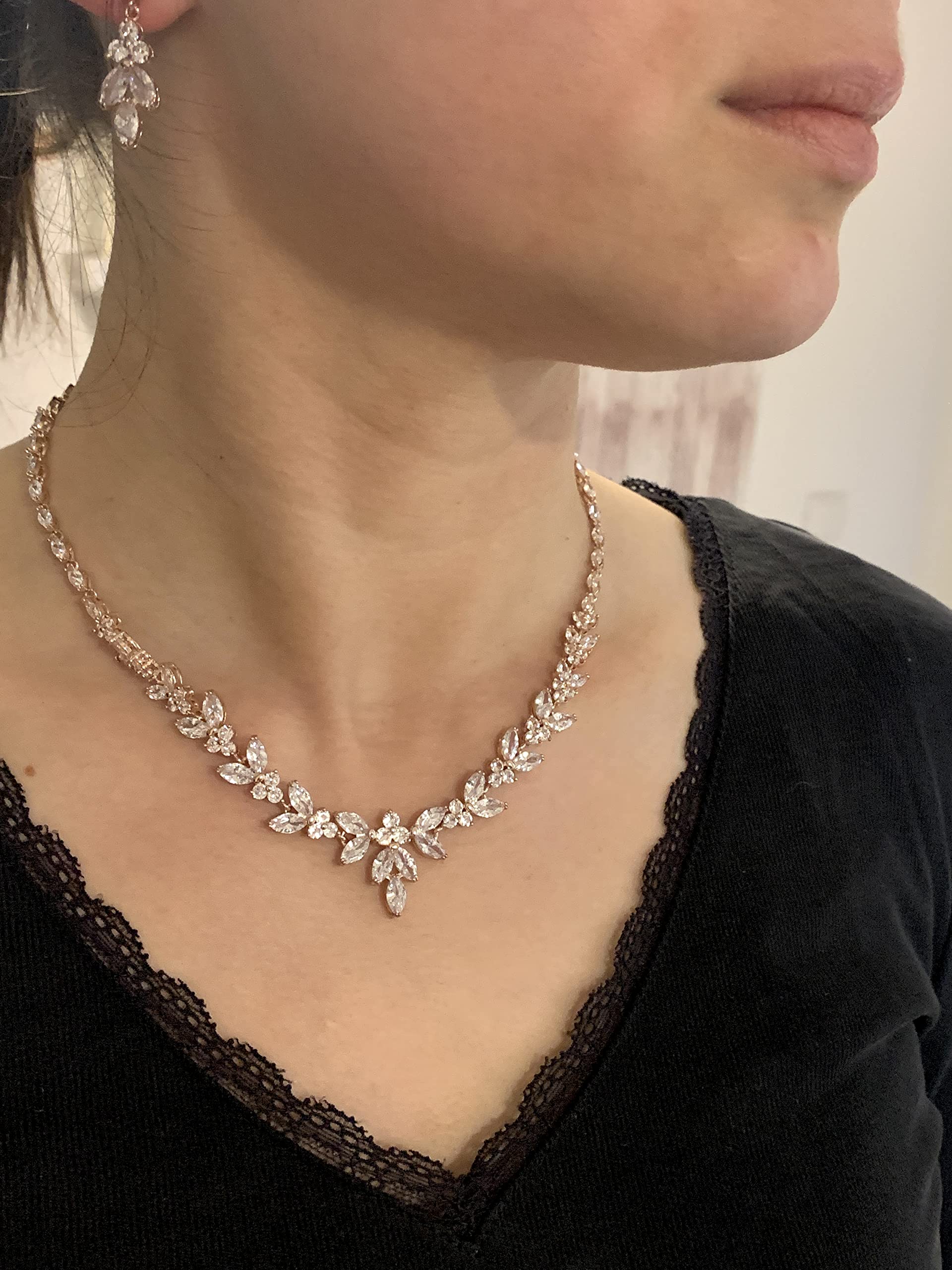 ROSEGOLD Zirkonia Schmuck Kette Schmuckset Armband Hochzeit Collier Halskette Brautschmuck Kommunion Ball Abiball Diadem Tiara Collier Krone Haarschmuck