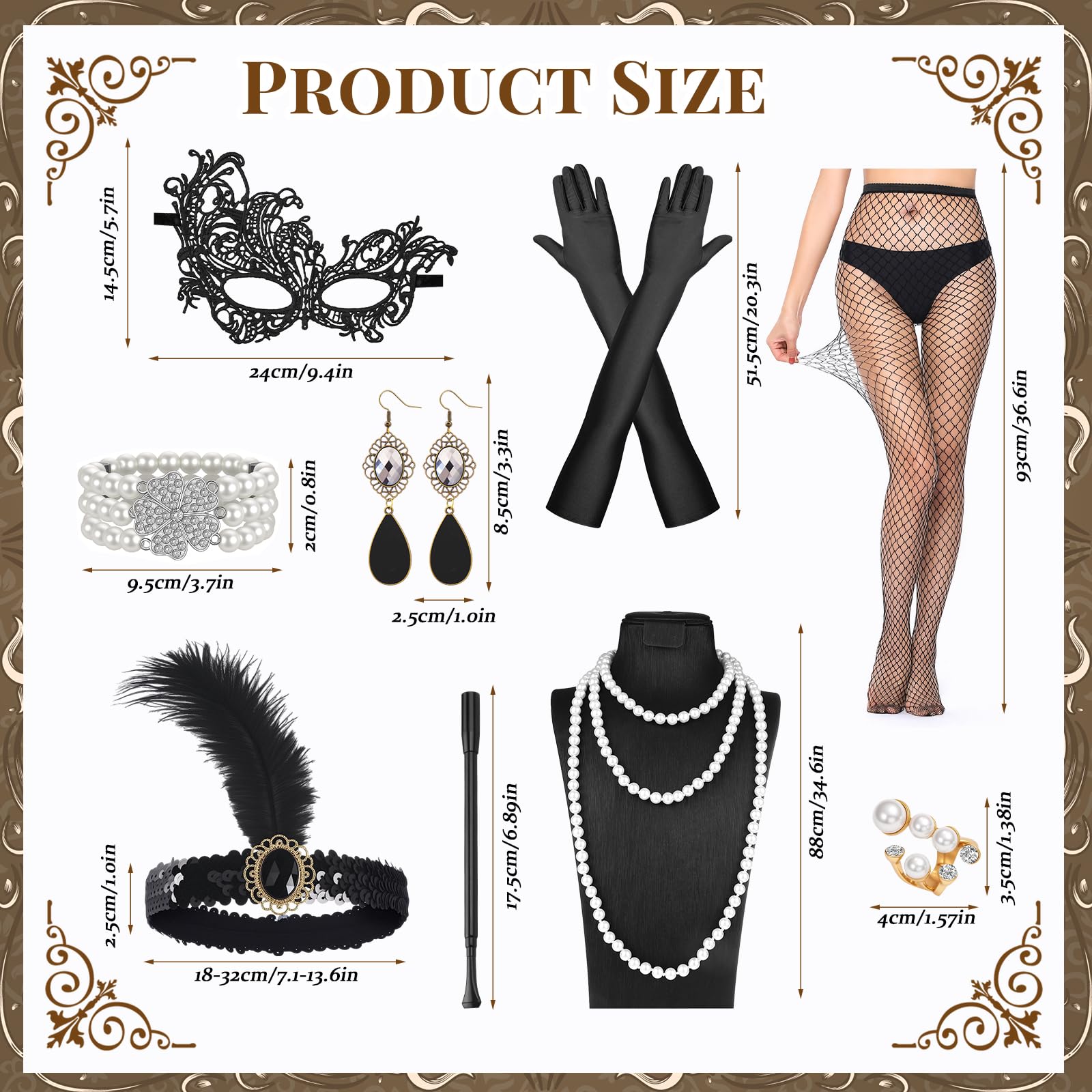 Jokureao 1920s Flapper Accessories Set for Women Roaring 20s Accessories with Headband, Pearl Necklace, Earrings, Gloves - Image 2