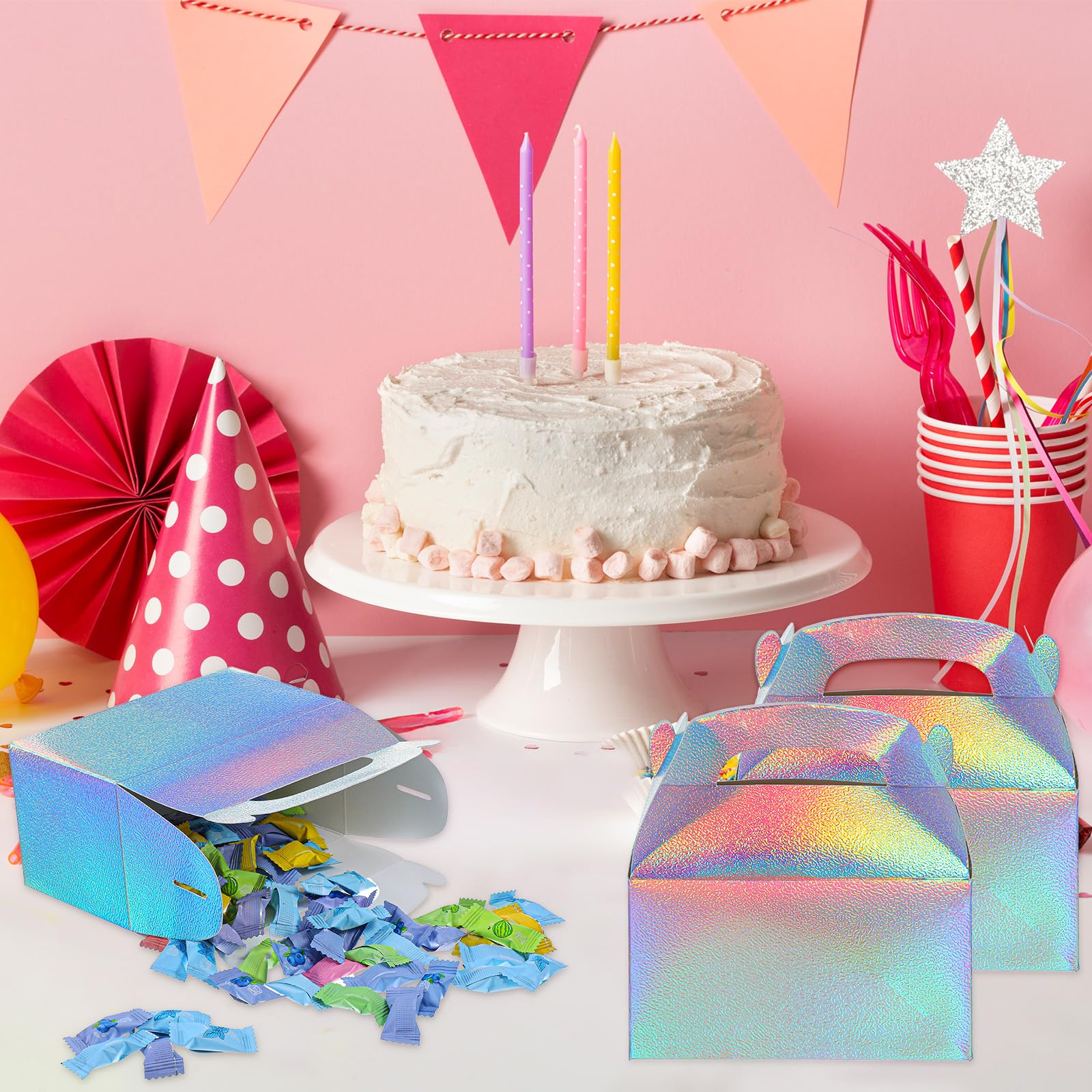 Abeillo Lot de 48 boîtes à dragées irisées – Boîtes à friandises holographiques arc-en-ciel, boîtes à bonbons, boîtes à pignons pour fête d'anniversaire, mariage, Noël