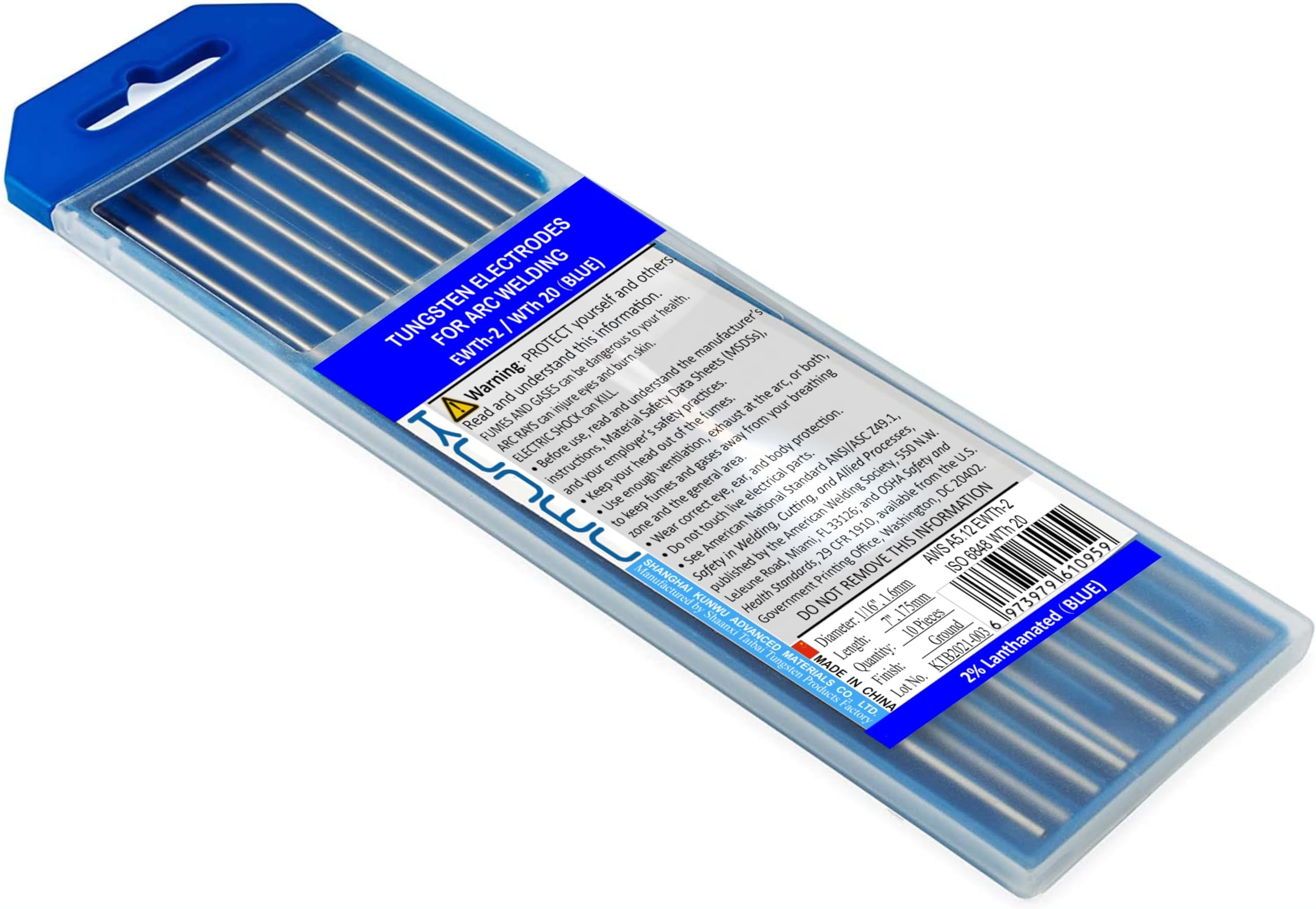 KUnWU TIG Welding Tungsten Electrode 2.0% Lanthanated Rod (Blue, EWLa20) 10-Pack (1/16inchx 7inch)