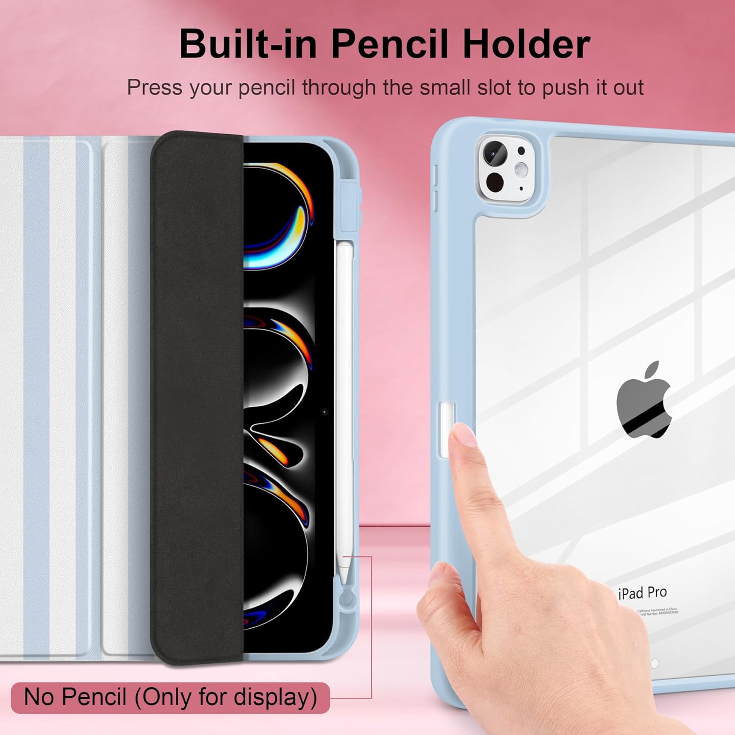 Case for iPad Pro 13 inch (M5) 2025 (M4) 2024 Release with Pencil Holder - Cute Preppy Coastal Design Aesthetic Blue White Striped Trifold Cover with Soft Bumper, Clear Back, Auto Sleep/Wake