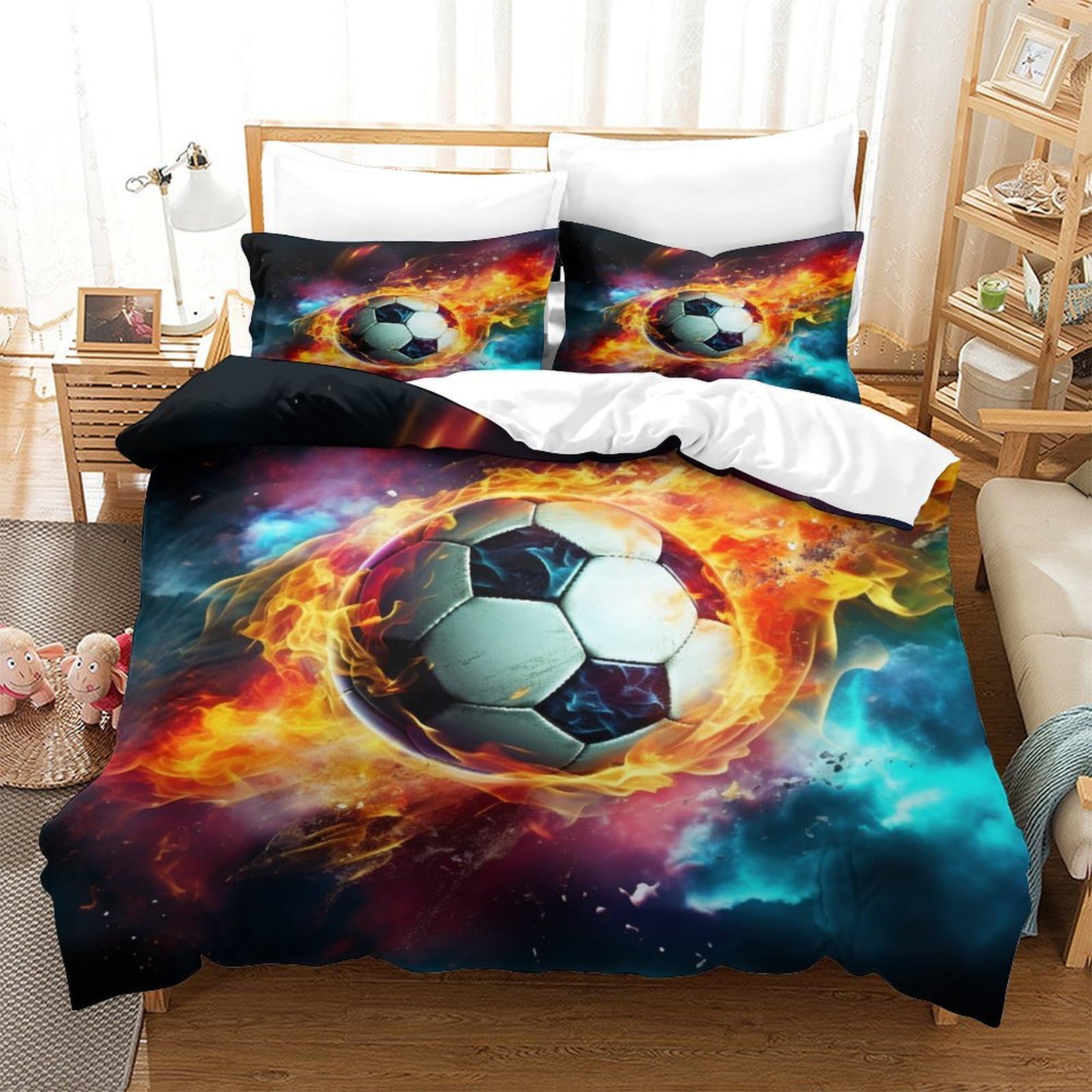 P1S9U7W5Y Dynamic 3D Printed Soccer Duvet Cover Set 3 Pieces Microfiber Bedroom Decor Sport Theme Bedding Set for Teens Adults Soft Gift Super king（260x220cm）